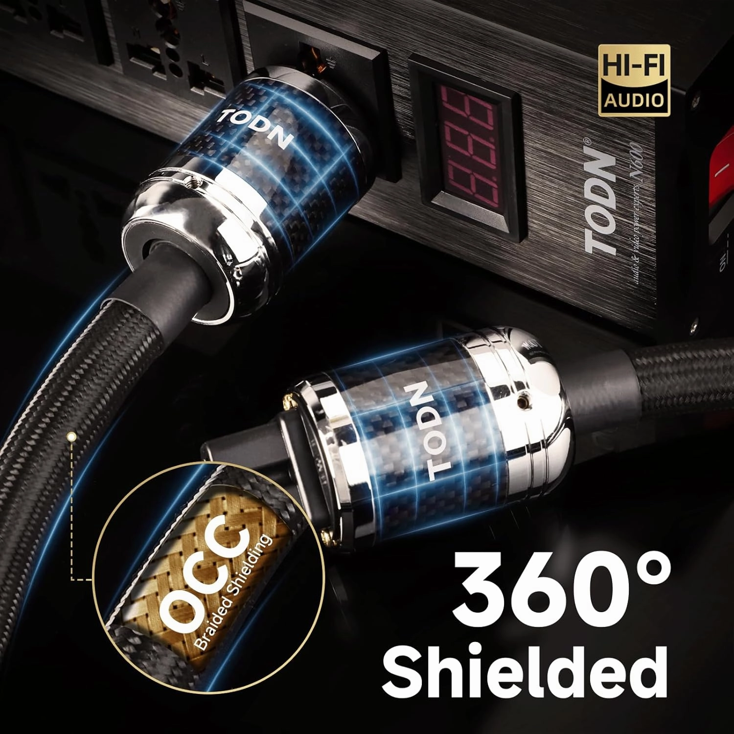 TODN Audiophile Power Cable 7 AWG HiFi Audio Power Cord for Speaker, Amp | O-C-C Cores, Carbon Fiber Shell, 24K Gold Plated US Plug, 17.5mm, 3ft/1m