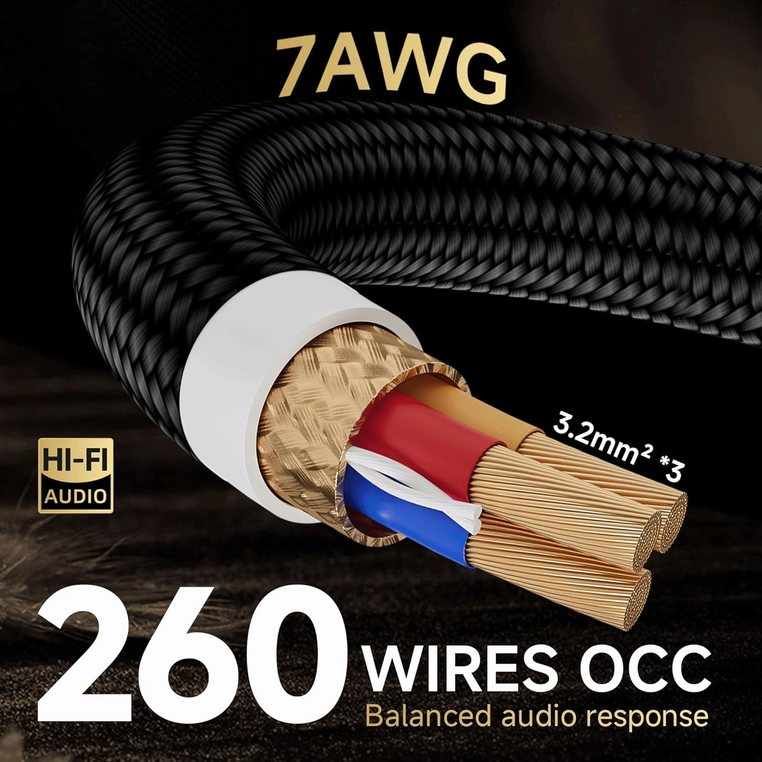 TODN Audiophile Power Cable 7 AWG HiFi Audio Power Cord for Speaker, Amp | O-C-C Cores, Carbon Fiber Shell, 24K Gold Plated US Plug, 17.5mm, 3ft/1m
