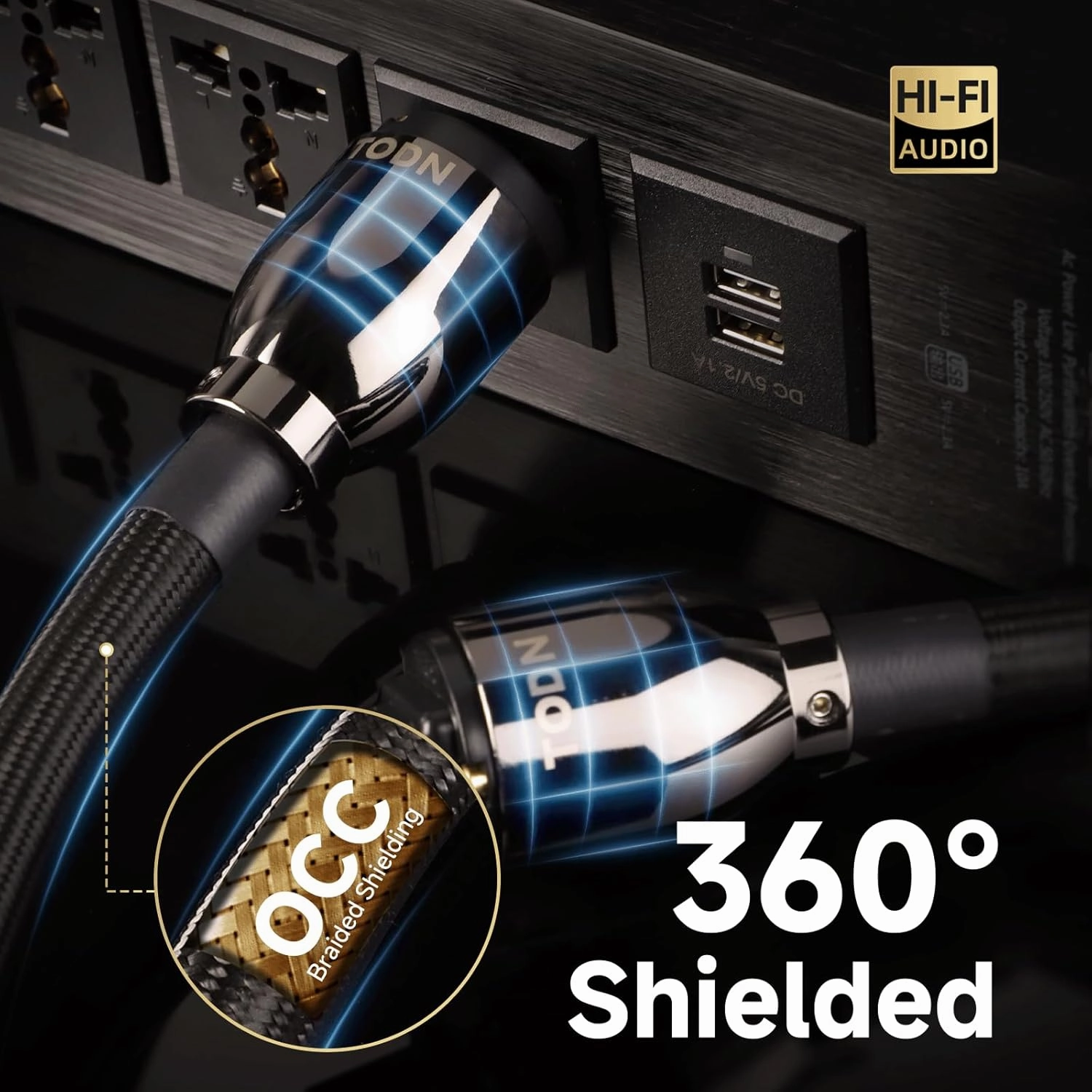 TODN HiFi Audio Power Cable for Audiophile with 7 AWG O-C-C Cores, 24K Gold Plated 3 Prong Power Cord Plug/IEC C15, 17.5mm, 3ft/1m