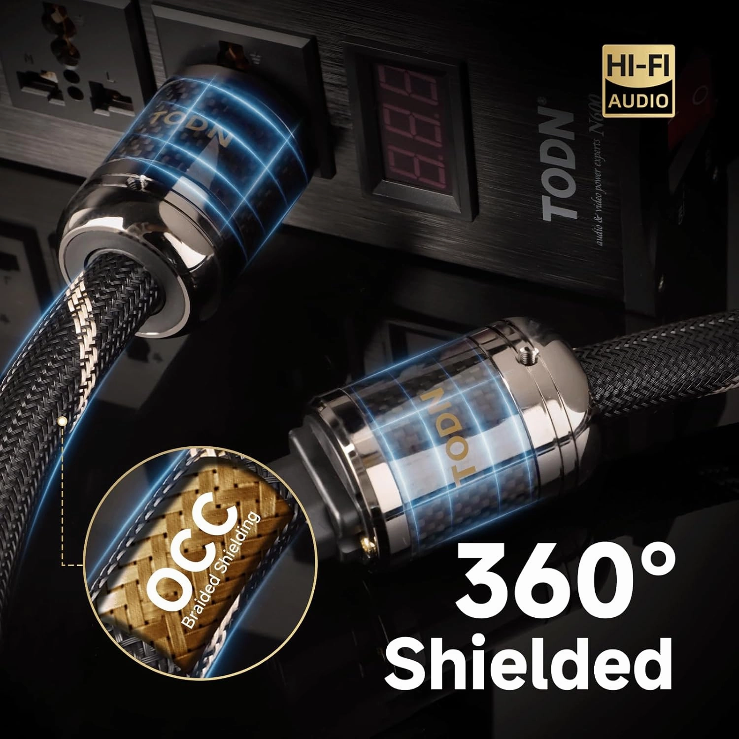 TODN Power Cable Audiophile 7 AWG OFC OCC Core HiFi Audio Power Cord with Carbon Fiber Shell, 24K Gold Plated 3 Prong Plug/IEC C15, 17.5mm, 6.5ft/2m