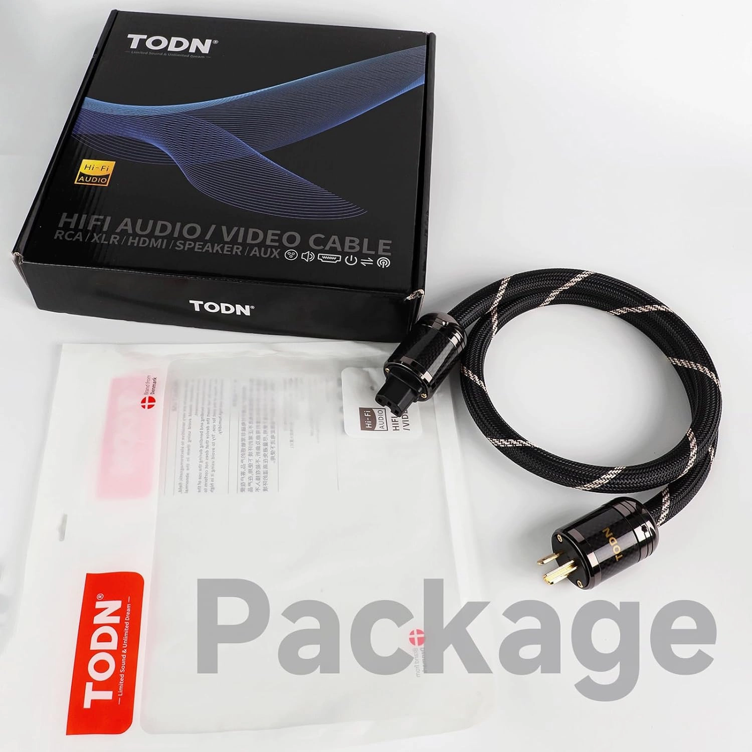 TODN Power Cable Audiophile 7 AWG OFC OCC Core HiFi Audio Power Cord with Carbon Fiber Shell, 24K Gold Plated 3 Prong Plug/IEC C15, 17.5mm, 6.5ft/2m
