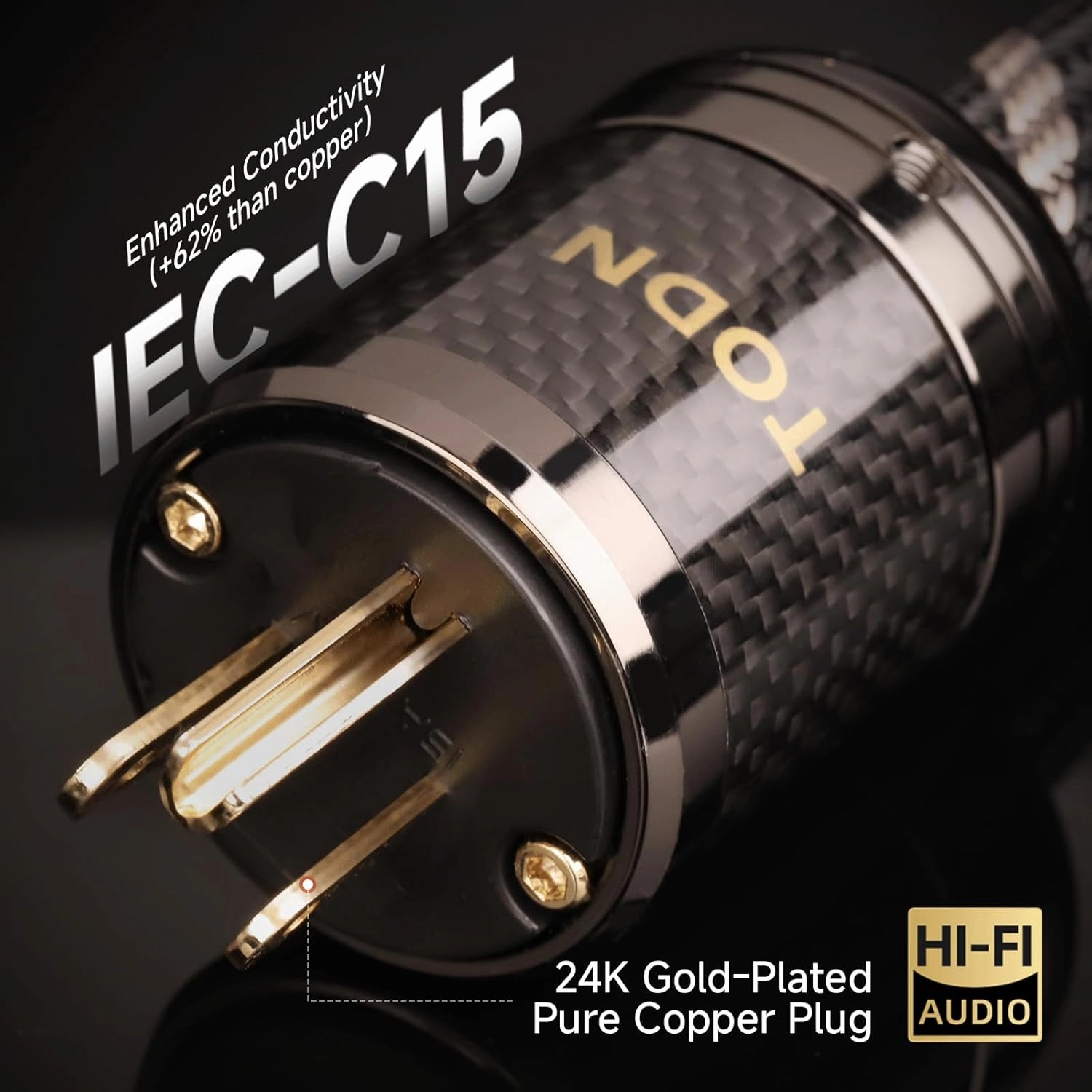 TODN Power Cable Audiophile 7 AWG OFC OCC Core HiFi Audio Power Cord with Carbon Fiber Shell, 24K Gold Plated 3 Prong Plug/IEC C15, 17.5mm, 6.5ft/2m
