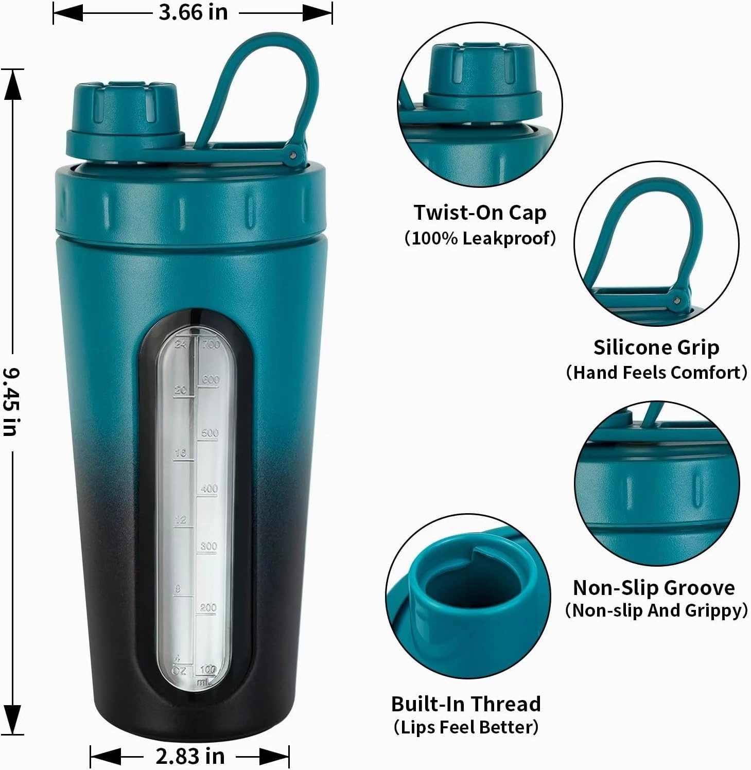 TOOFEEL Shaker Cups For Protein Shakes - 28 oz Stainless Steel Shaker Bottle, Not Stays Cold/Hot, Visible Window Protein Shaker with 2 Shaker Balls, Fitness Exercise Metal Shaker Bottle