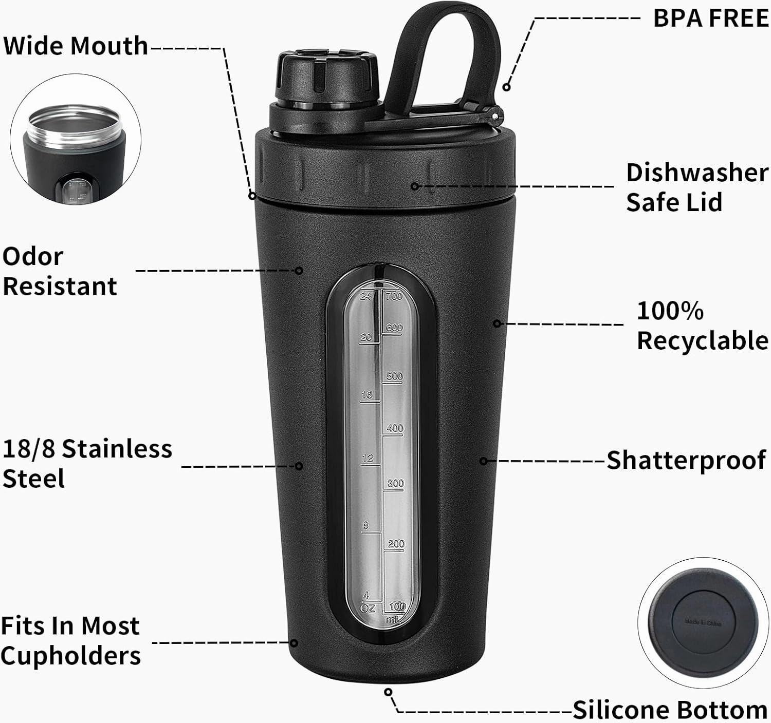 TOOFEEL Stainless Steel Shaker - 28 oz Metal Cup for Protein Shakes, 2 Whisk Balls, Not Stays Cold/Hot, Visible Window, Gym Workout Leakproof
