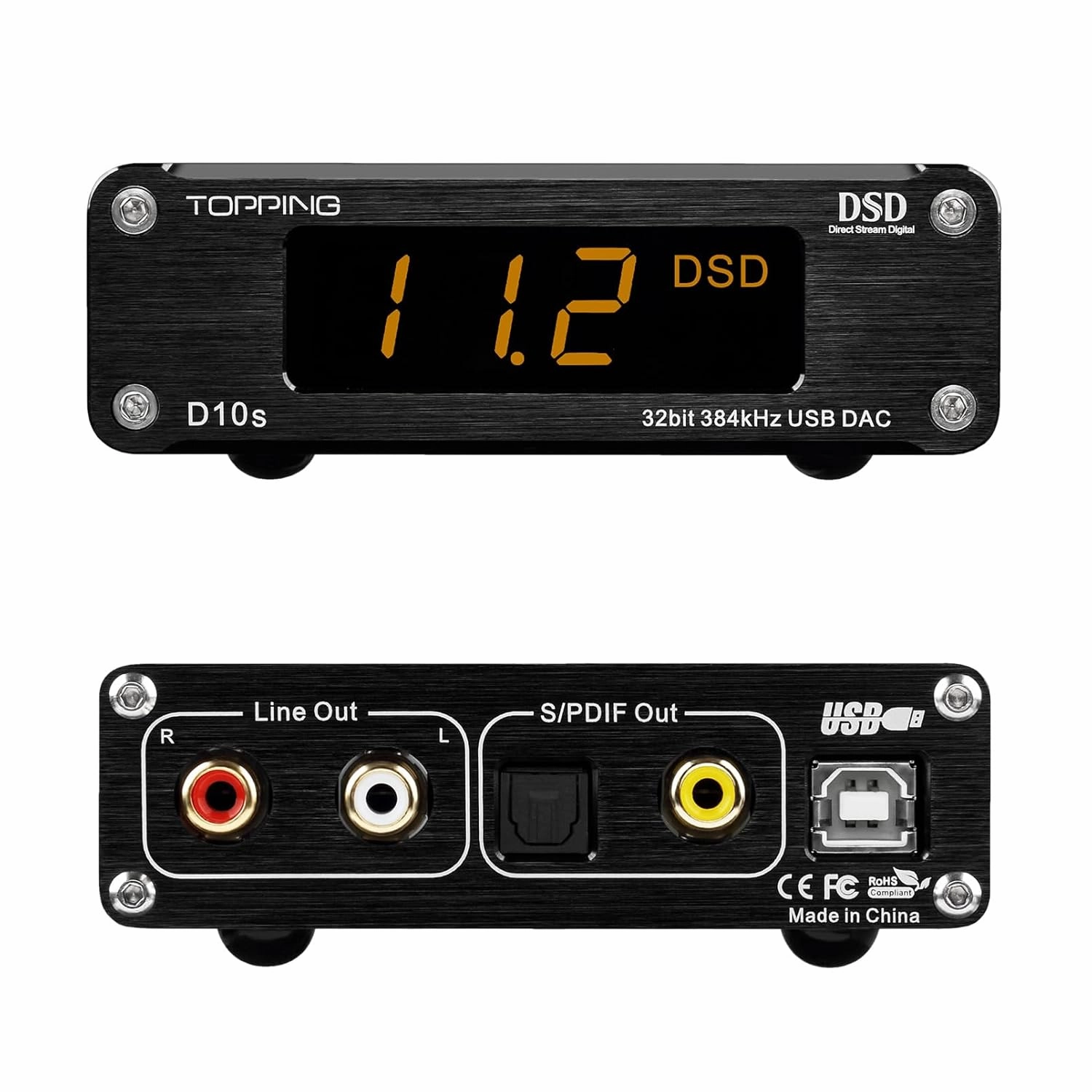 TOPPING D10s USB DAC, XMOS XU208 ES9038Q2M DSD256 PCM 32Bit/384kHz, USB to RCA Coaxial and Optical Outputs, Hi-Res Audio Decoder for Desktop PC/Phone (D10S-Black) DAC,USB audio converter,digital to analog converter,