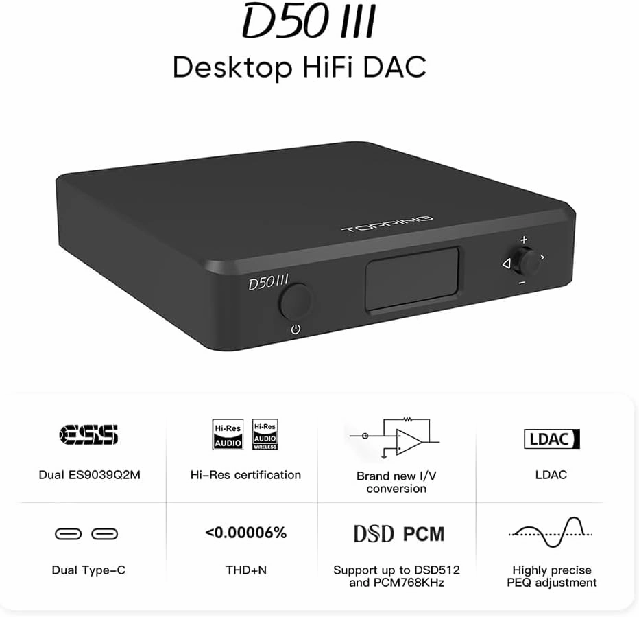 TOPPING D50 III 2*ES9039Q2M DAC, USB/BT5.1/Optical/Coaxial to RCA/TRS Audio DAC, Type-C Bluetooth 5.1 SPDIF Input Digital-Analog Converter, Hi-Res Audio DAC, Home Audio DAC with 12V Trigger (Black)
