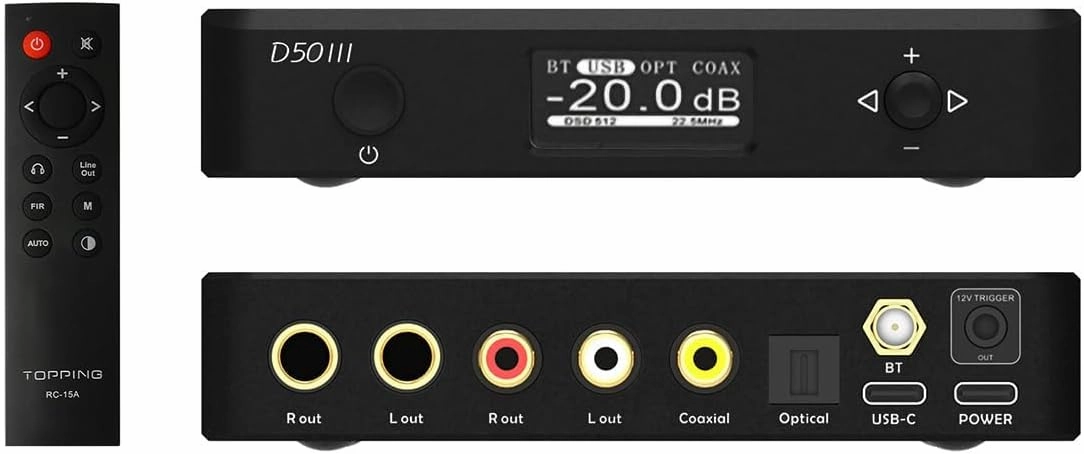 TOPPING D50 III 2*ES9039Q2M DAC, USB/BT5.1/Optical/Coaxial to RCA/TRS Audio DAC, Type-C Bluetooth 5.1 SPDIF Input Digital-Analog Converter, Hi-Res Audio DAC, Home Audio DAC with 12V Trigger (Black) DAC,USB audio converter,digital to analog converter,