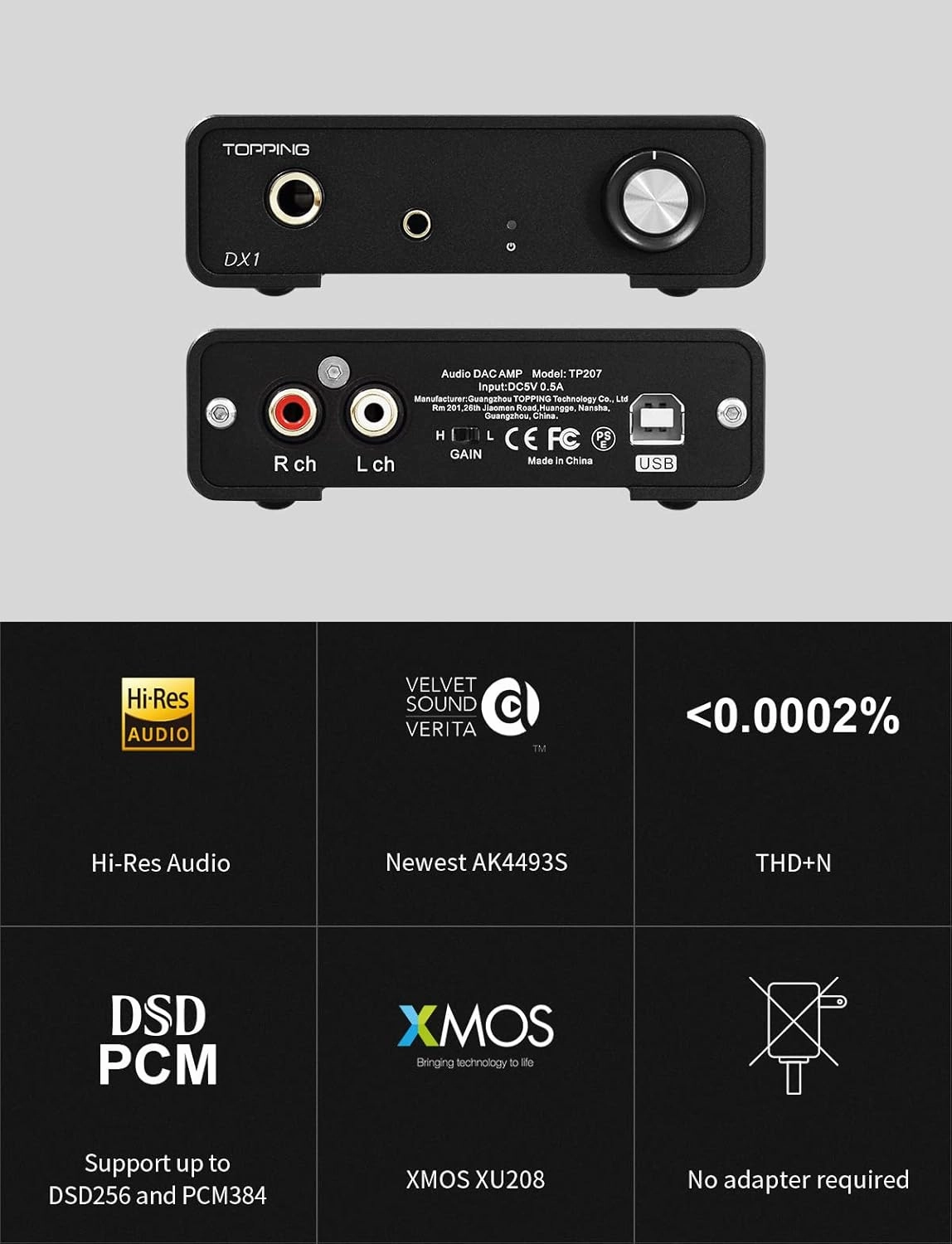 Topping DX1 Mini Stereo DAC Headphone Amplifier Combo - 280mW x2 Powerful Output Two-Stage GAIN Switch USB Chargable Discrete LNRD AK4493S XU208 384kHz/32bit Native DSD256 HiFi Home Audio (Sliver)