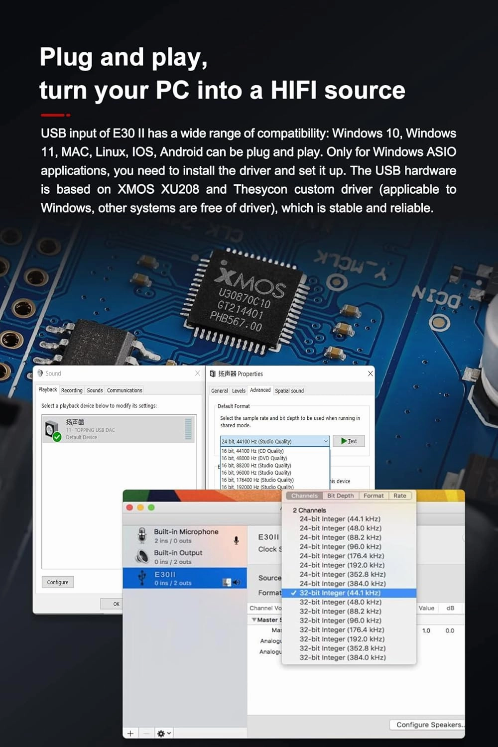 Topping E30 II Decoder 2*AK4493S DAC Hi-Res Audio XMOS XU208 Touch Operation E30II Preamp DAC (Silver)