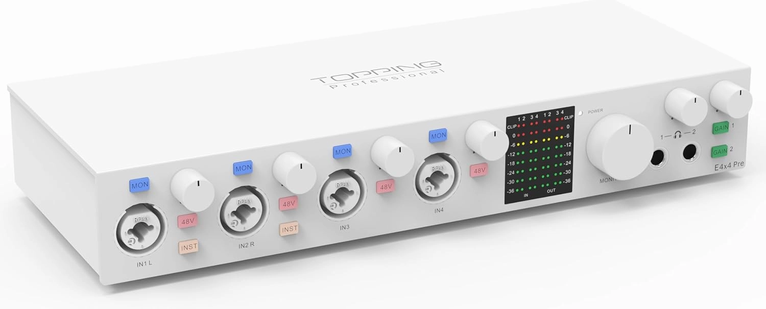 TOPPING E4X4 Pre USB Audio Interface - Dual USB-C Ports, 24bit/192kHz, 4IN/4OUT, Dual Headphone Outputs, Low Noise, Real-Time Monitoring, Mixer, for PC, Mac, iPhone, Professional Recording (White) audio interface,USB interface,music recording input,