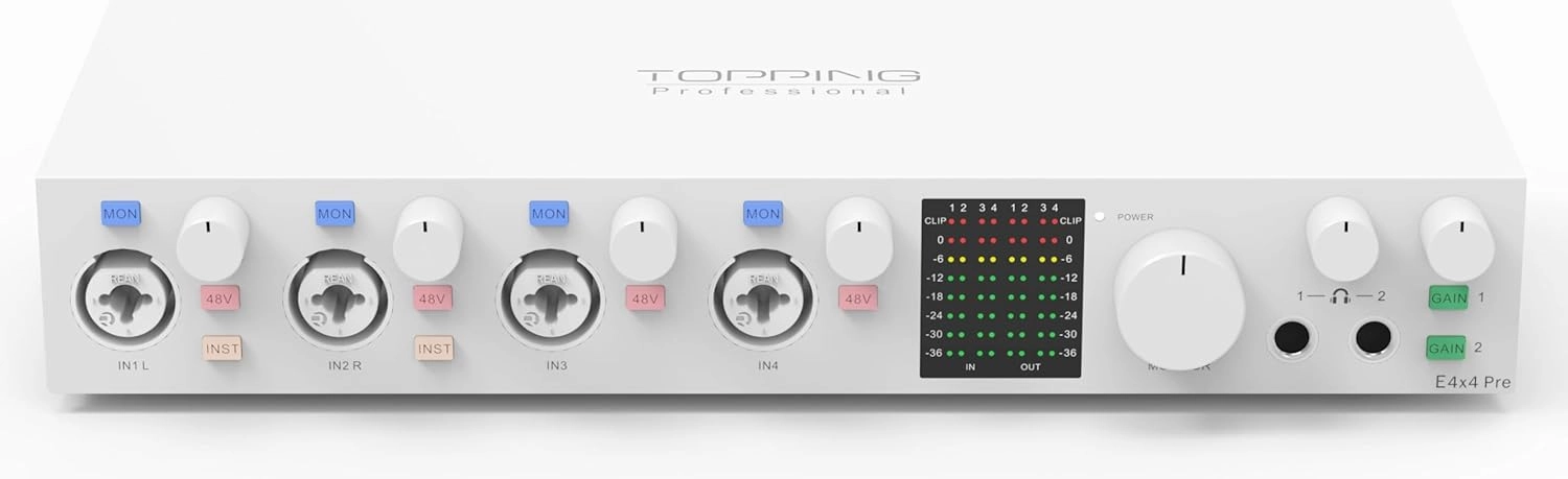 TOPPING E4X4 Pre USB Audio Interface - Dual USB-C Ports, 24bit/192kHz, 4IN/4OUT, Dual Headphone Outputs, Low Noise, Real-Time Monitoring, Mixer, for PC, Mac, iPhone, Professional Recording (White)