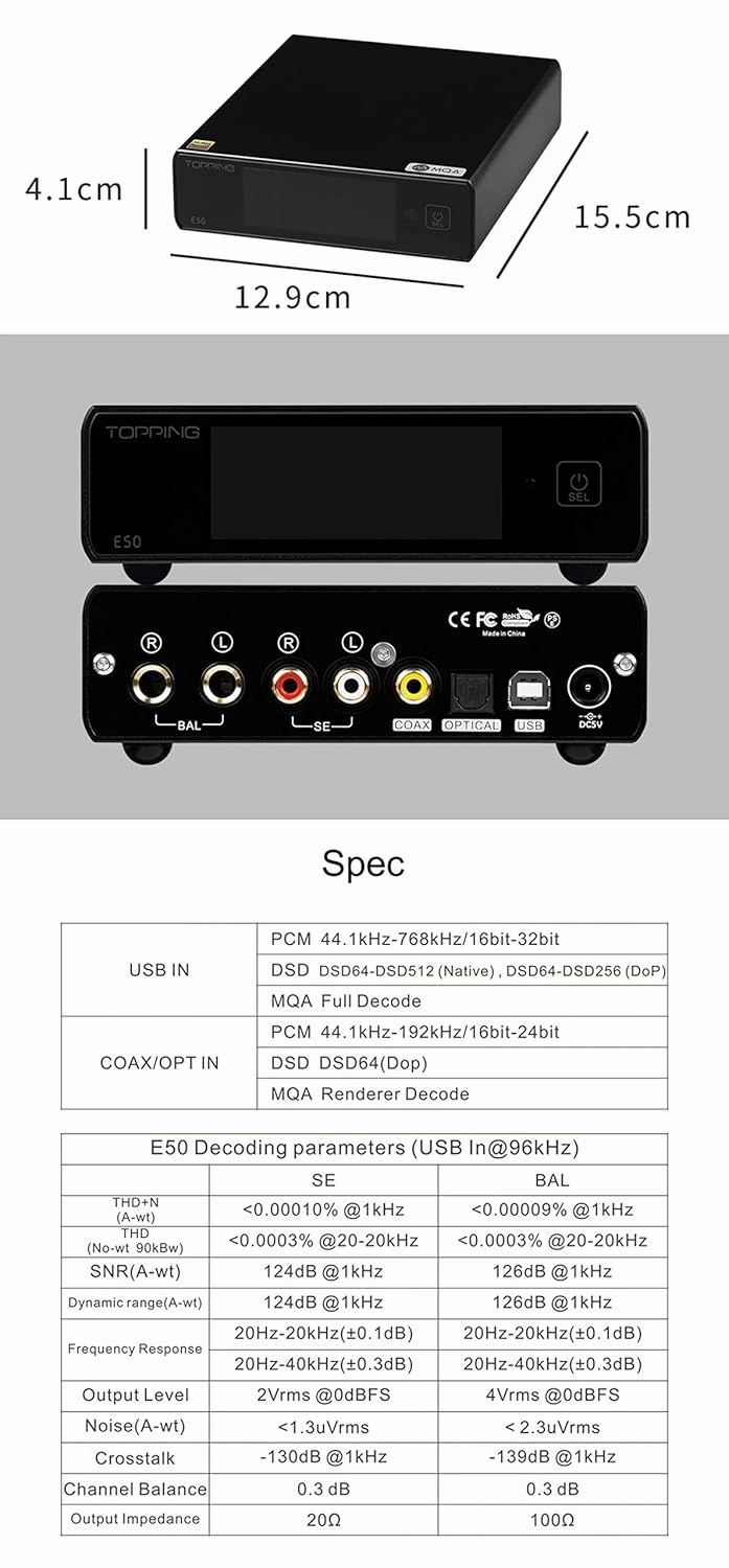 Topping E50 Mini HiFi DAC ES9068AS DSD512 PCM768kHz USB DAC USB/Coax/Opt Inputs RCA/TRS Outputs Decoder for Home Theater Game Music Black