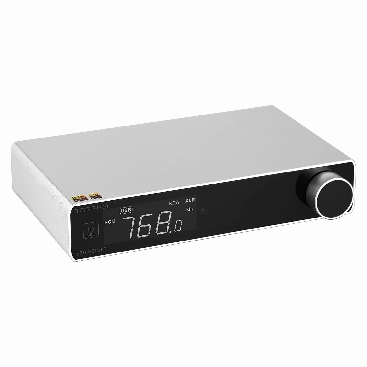 TOPPING E70 Velvet - High-Performance DAC with AK4499EX, Bluetooth 5.1 LDAC, Ultra-Low THD N, Selectable Output Levels, USB Support DSD512 & PCM768kHz, Coaxial/Optical Inputs (Silver)