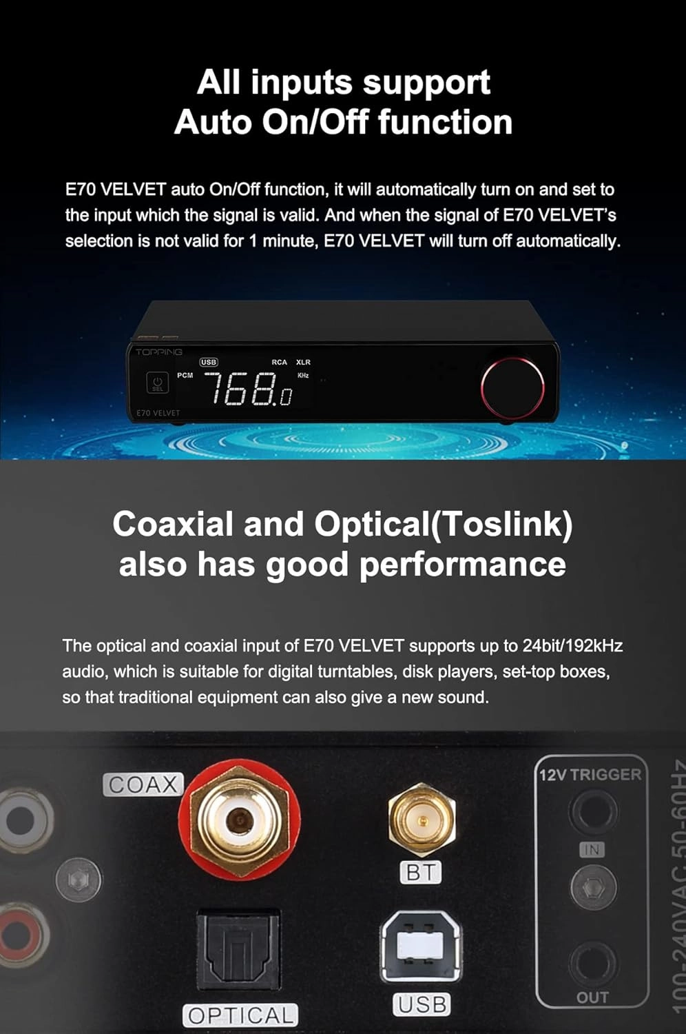 Topping E70 Velvet AK4499EX DAC Audio Decoder - Bluetooth5.1 LDAC Hires XU316 32Bit/768kHz DSD512 BT/USB/Coax/Opt Inputs RCA/XLR HiFi Stereo Digital to Analog Convertor Black