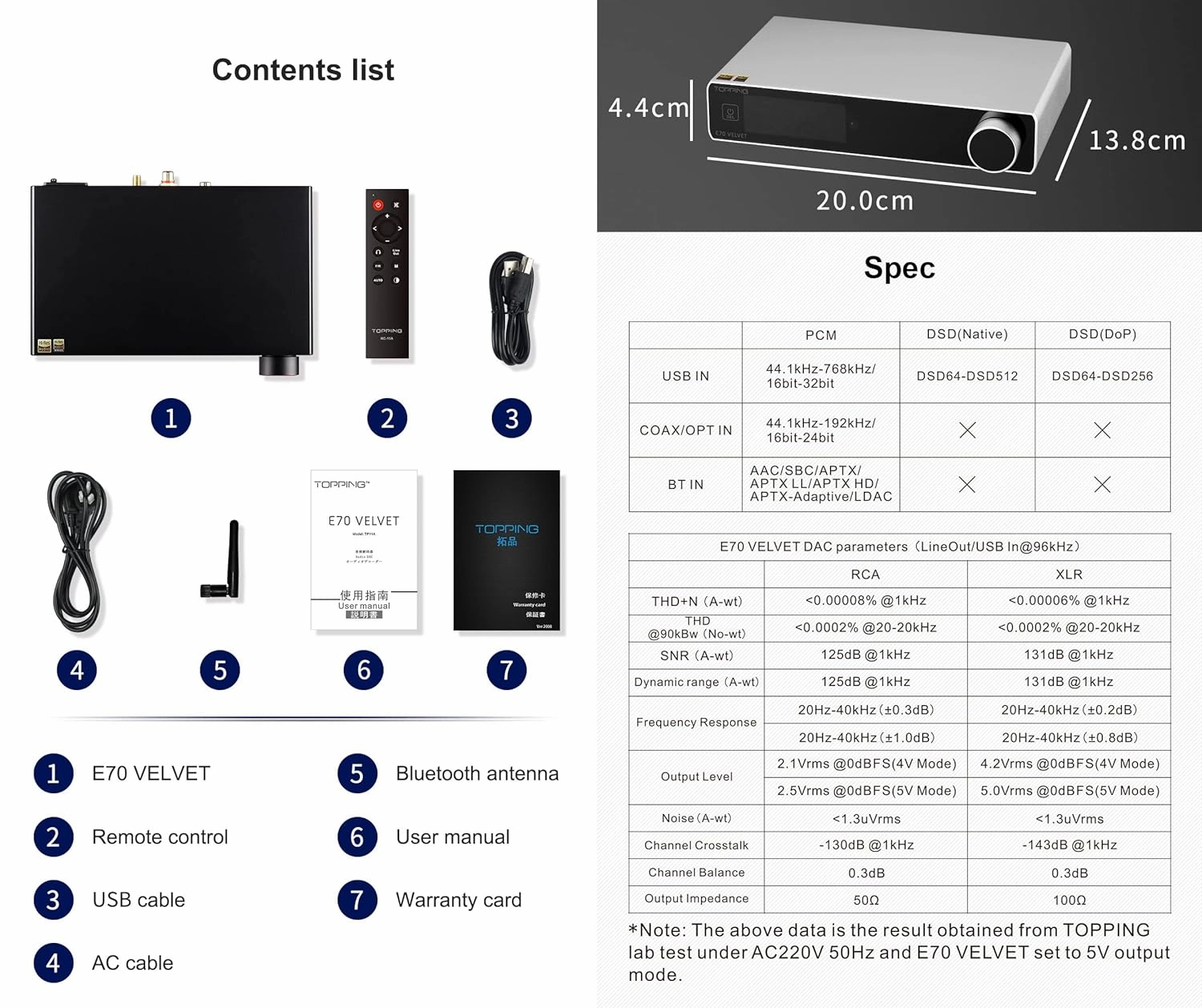Topping E70 Velvet AK4499EX DAC Audio Decoder - Bluetooth5.1 LDAC Hires XU316 32Bit/768kHz DSD512 BT/USB/Coax/Opt Inputs RCA/XLR HiFi Stereo Digital to Analog Convertor Black