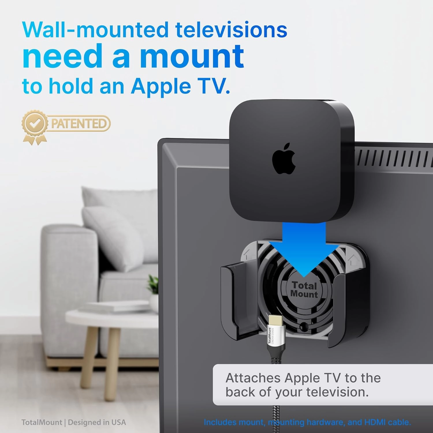 TotalMount for Apple TV  Mount Compatible with All Apple TVs (Premium Black and Gray Mount and Cable)