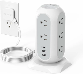 Tower Power Strip Flat Plug with 11 Outlets 3 USB (1 USB C), TESSAN Surge Protector Tower 1625W/13A,1050J Protection, 6 Feet Extension Cord with Multiple Outlets, Office Desk Supplies, Dorm Essentials power cord,hi-fi power cable,AC power lead,