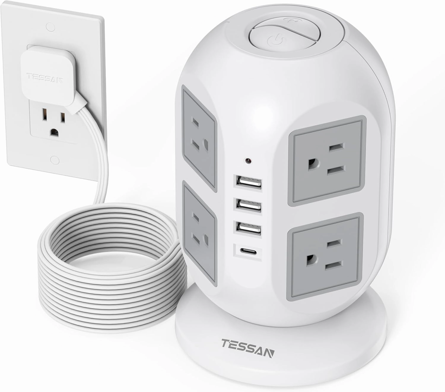Tower Surge Protector Power Strip 10 ft, TESSAN Long Flat Extension Cord with Multiple Outlets, 8 AC Outlets with 4 USB Ports (1 USB C), Charging Station with Surge Protection, for Home Office Dorm power cord,hi-fi power cable,AC power lead,