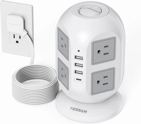 Tower Surge Protector Power Strip 10 ft, TESSAN Long Flat Extension Cord with Multiple Outlets, 8 AC Outlets with 4 USB Ports (1 USB C), Charging Station with Surge Protection, for Home Office Dorm power cord,hi-fi power cable,AC power lead,