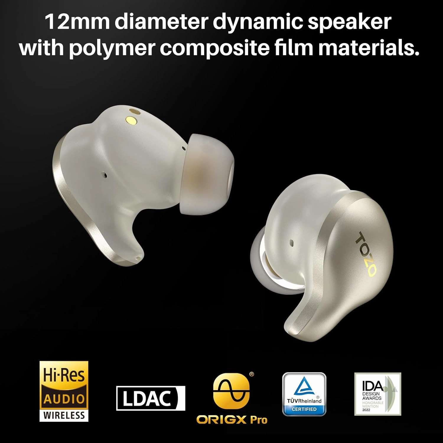 TOZO Golden X1 Wireless Earbuds Balanced Armature Driver and Hybrid Dynamic Driver, Bluetooth Headphones OrigX Pro, LDAC & Hi-Res Audio Wireless, Noise Cancellation Headset Champagne