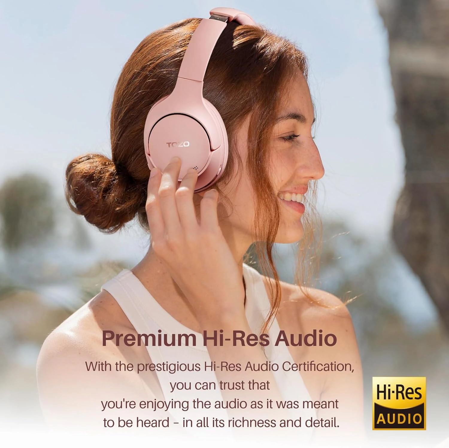 TOZO HT2 Hybrid Active Noise Cancelling Headphones, Wireless Over Ear Bluetooth Headset, 60H Playtime, Hi-Res Audio Custom EQ via App Deep Bass Comfort Fit Ear Cups, for Home Office Travel Pink