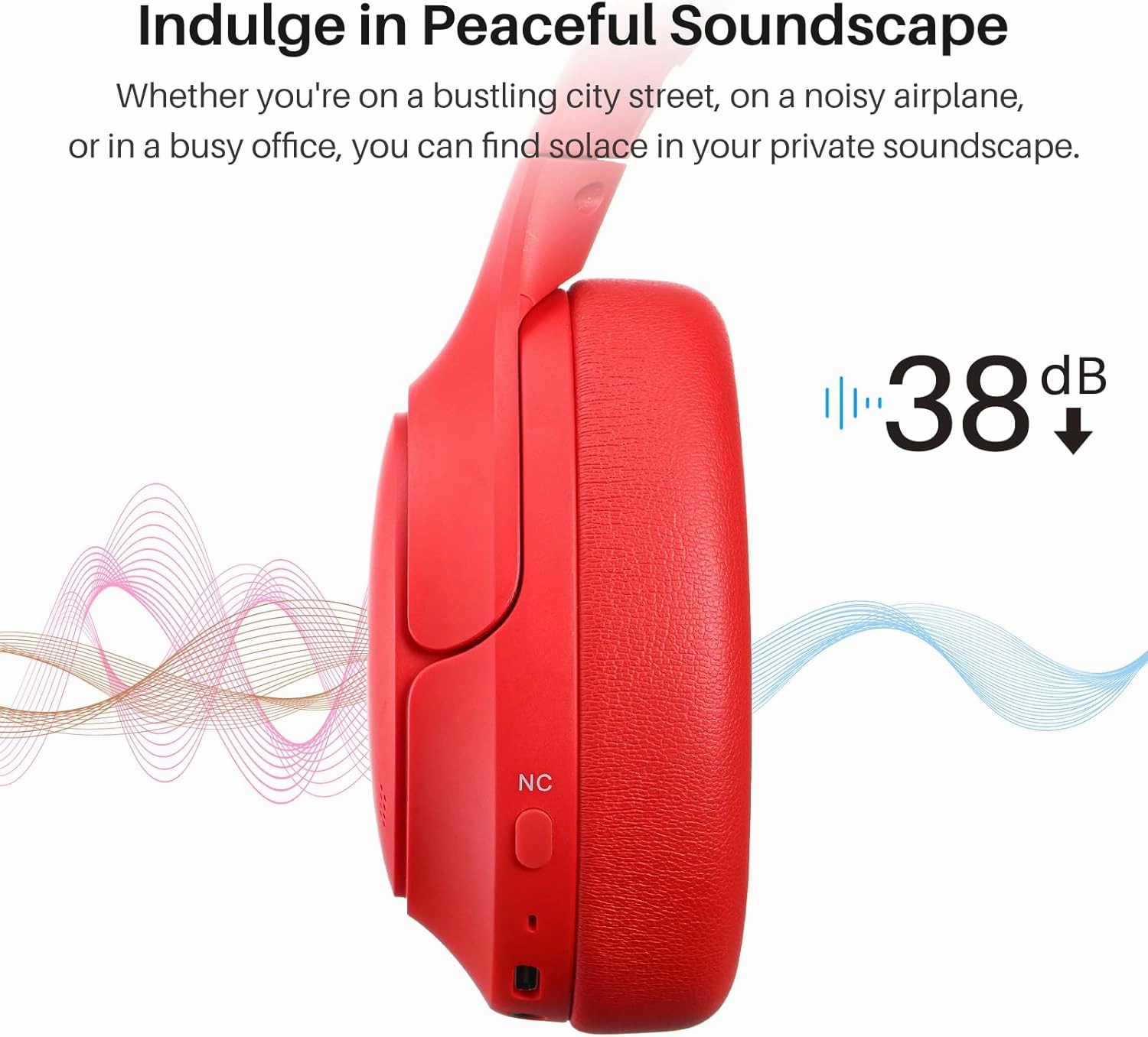 TOZO HT2 Hybrid Active Noise Cancelling Headphones, Wireless Over Ear Bluetooth Headset, 60H Playtime, Hi-Res Audio Custom EQ via App Deep Bass Comfort Fit Ear Cups, for Home Office Travel Red