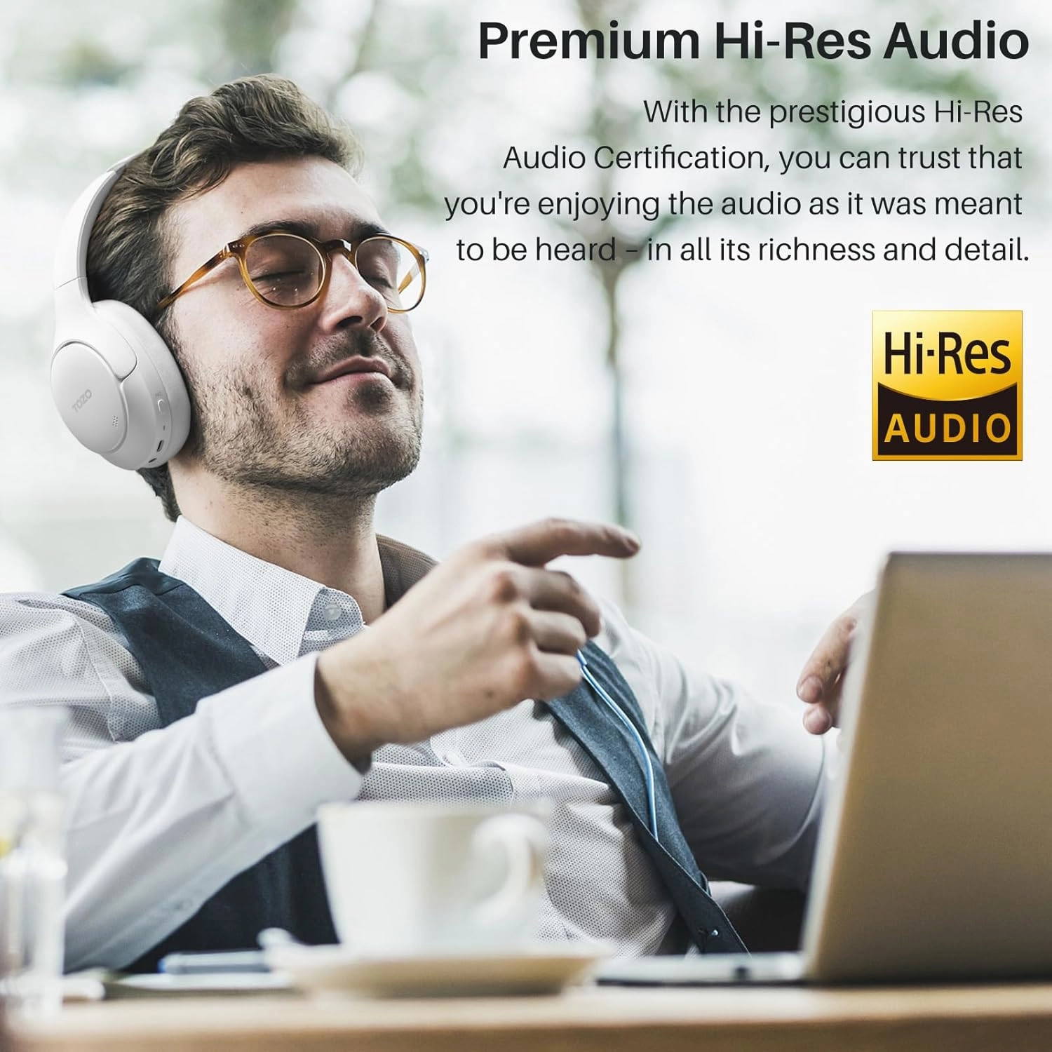 TOZO HT2 Hybrid Active Noise Cancelling Headphones, Wireless Over Ear Bluetooth Headset, 60H Playtime, Hi-Res Audio Custom EQ via App Deep Bass Comfort Fit Ear Cups, for Home Office Travel White