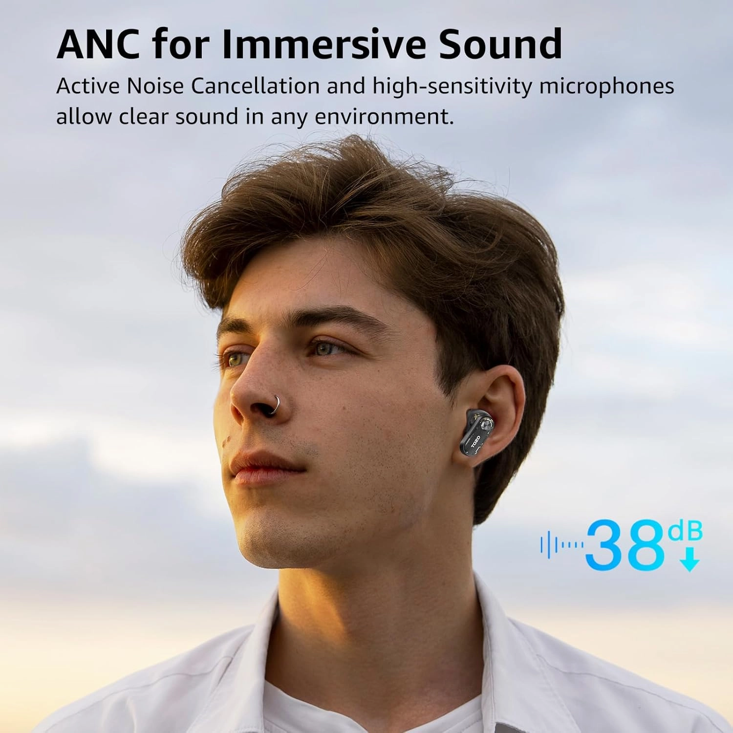 TOZO Hybrid Active Noise Cancelling Wireless Earbuds, 10mm Drivers Deep Bass Stereo Sound, 4 Mics Smart ENC AI Calls, 32 EQ Customization via App, Bluetooth 5.4 Headphones, Crystal Case Design