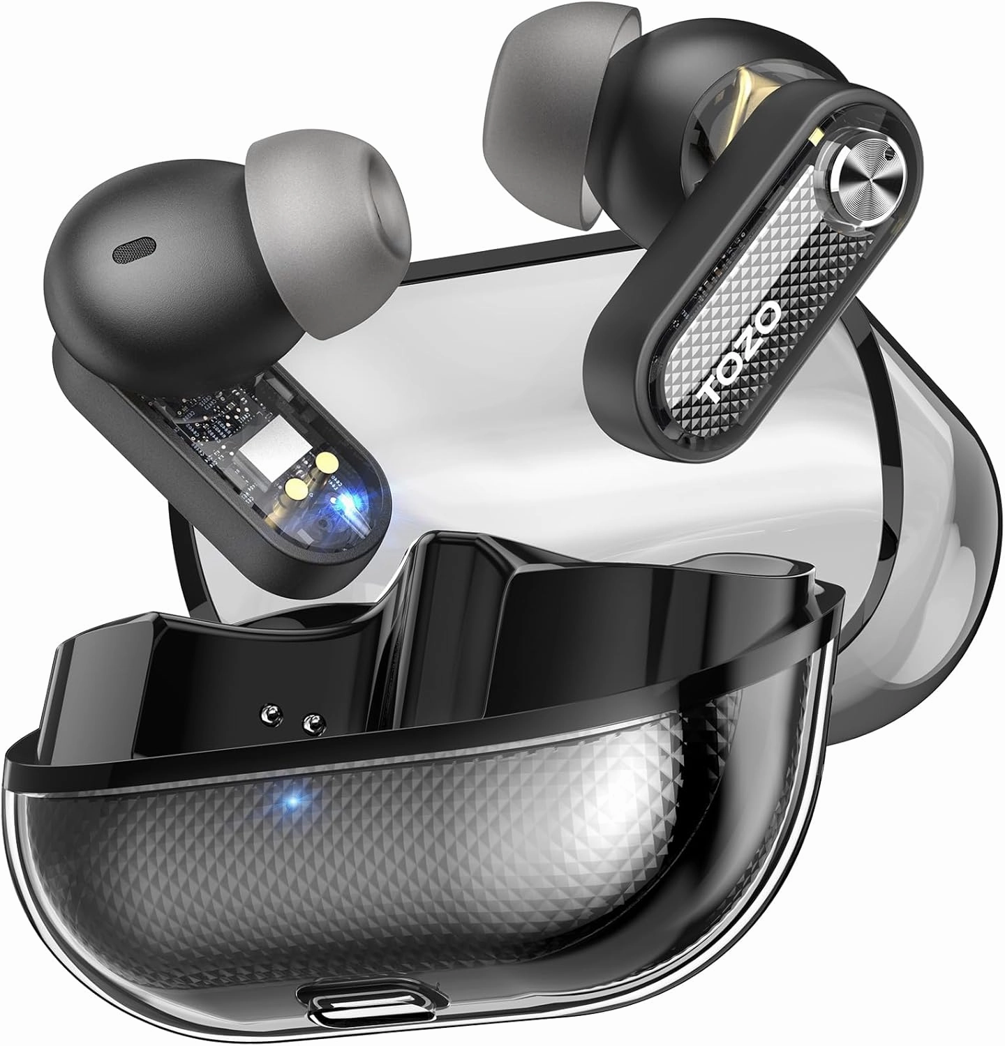 TOZO Hybrid Active Noise Cancelling Wireless Earbuds, 10mm Drivers Deep Bass Stereo Sound, 4 Mics Smart ENC AI Calls, 32 EQ Customization via App, Bluetooth 5.4 Headphones, Crystal Case Design wireless earbuds,Bluetooth earphones,true wireless stereo,