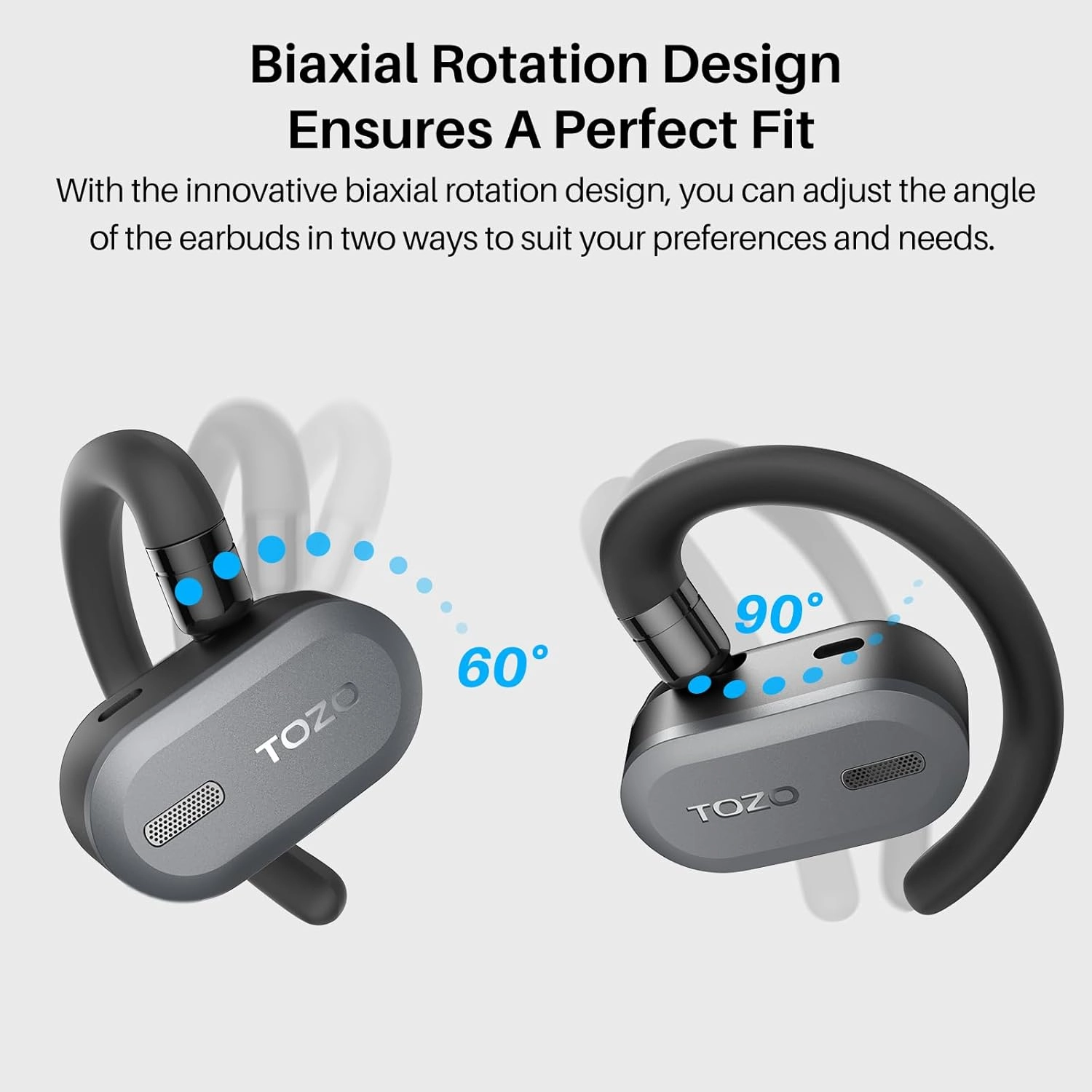 TOZO O2 True Open Ear Wireless Headphones Lightweight with Multi-Angle Adjustment, Bluetooth 5.3 Earbuds with Dual-Axis Design for Long-Lasting Comfort, Crystal-Clear Calls for Driving, Black