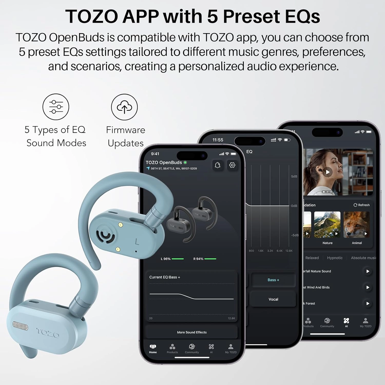 TOZO O2 True Open Ear Wireless Headphones Lightweight with Multi-Angle Adjustment, Bluetooth 5.3 Earbuds with Dual-Axis Design for Long-Lasting Comfort, Crystal-Clear Calls for Driving, Blue