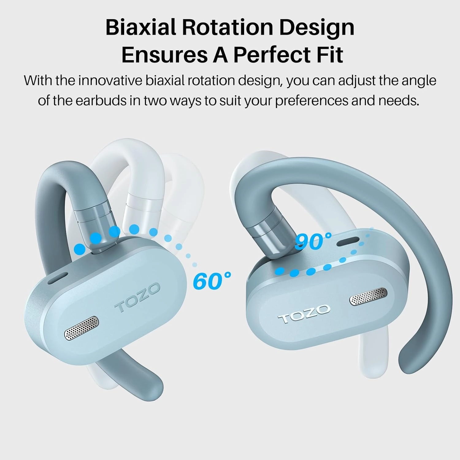 TOZO O2 True Open Ear Wireless Headphones Lightweight with Multi-Angle Adjustment, Bluetooth 5.3 Earbuds with Dual-Axis Design for Long-Lasting Comfort, Crystal-Clear Calls for Driving, Blue
