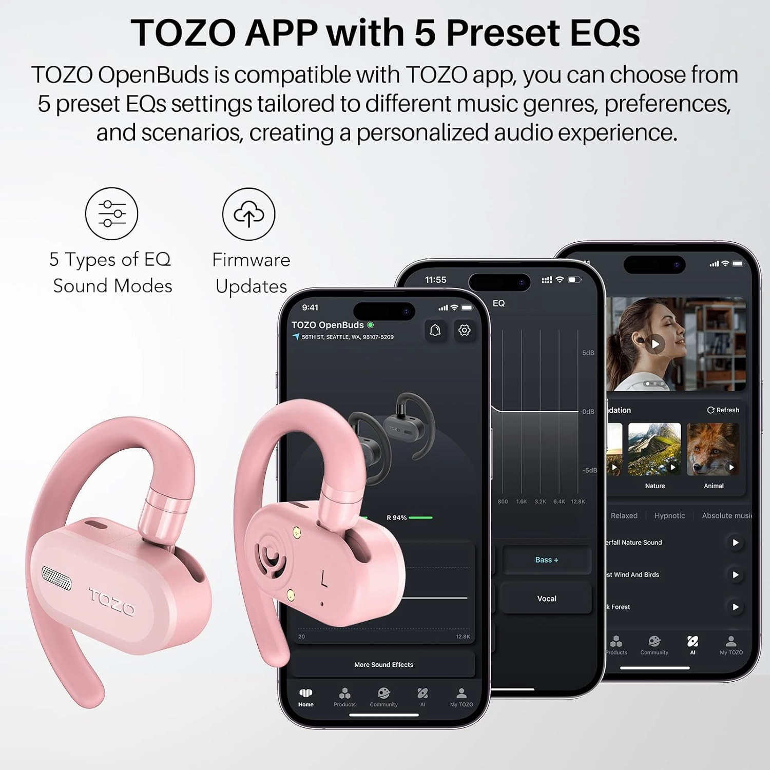 TOZO O2 True Open Ear Wireless Headphones Lightweight with Multi-Angle Adjustment, Bluetooth 5.3 Earbuds with Dual-Axis Design for Long-Lasting Comfort, Crystal-Clear Calls for Driving, Pink