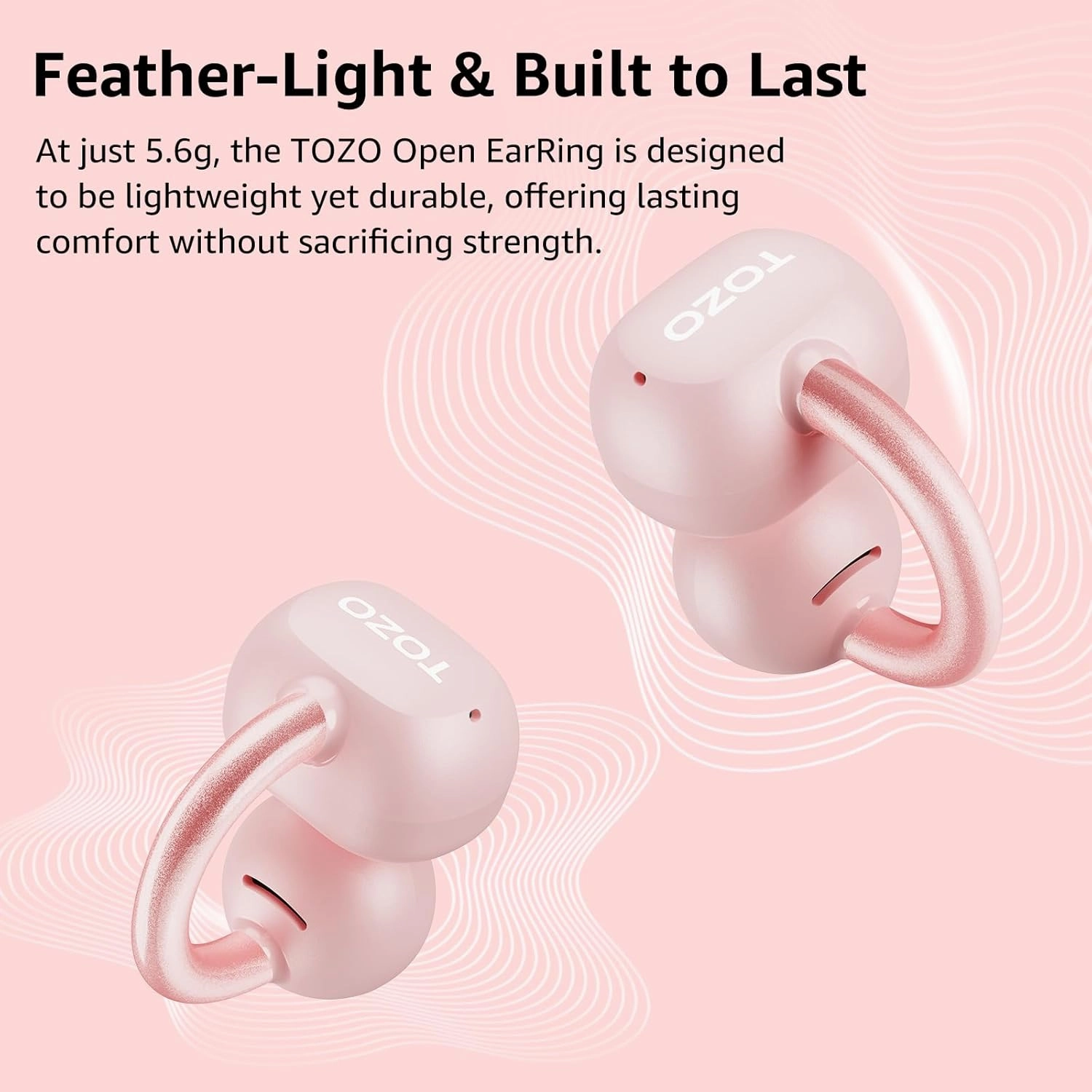 TOZO OpenEarRing True Open Ear Headphones, Lightweight Comfort Open Ear Clip Wireless Earbuds, 40H Play Bluetooth 5.4 Headphones with Smart Digital Display Design Fit Sports Running, Workout Pink