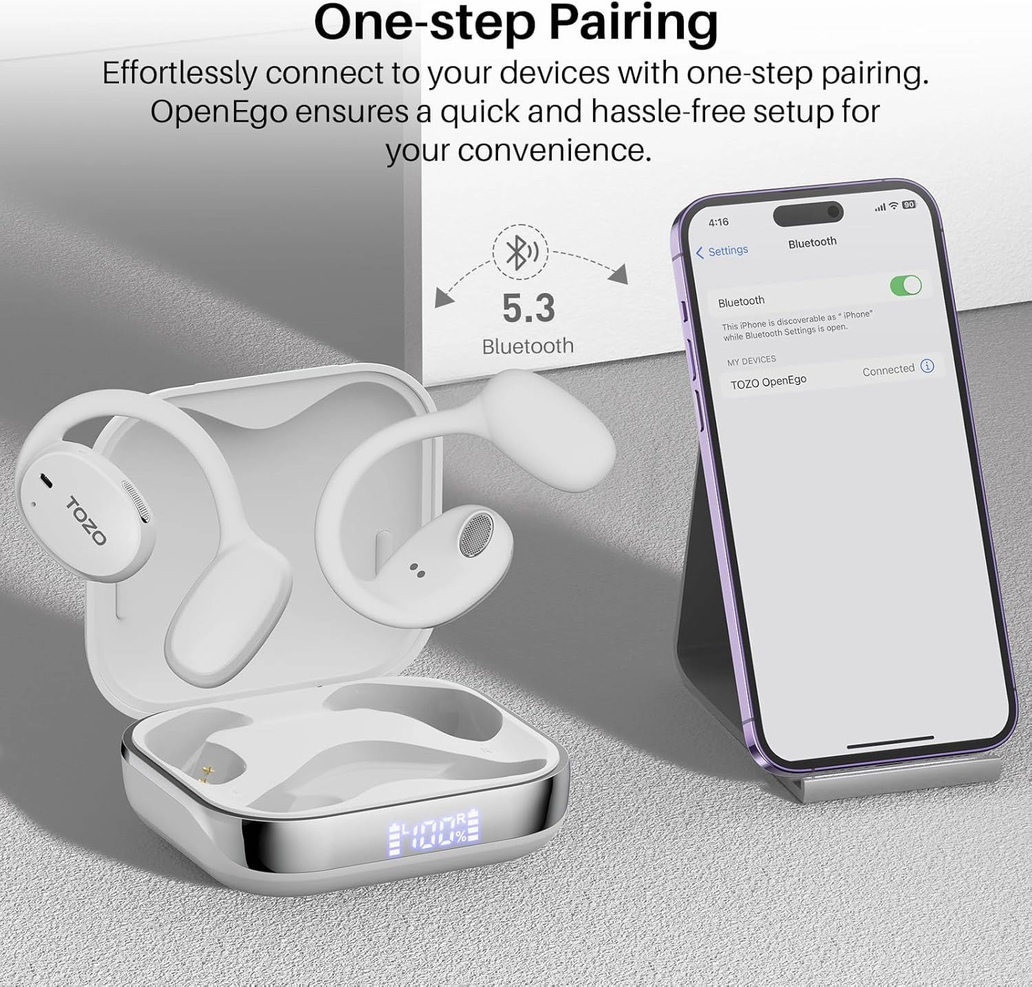TOZO OpenEgo True Wireless Open Ear Headphone, 5.3 Bluetooth Sport Earbuds with Earhooks for 80H Playback with Digital Display, 32 EQ Modes Dual Mic Clear Call Sweat-Proof for Running, Snow White