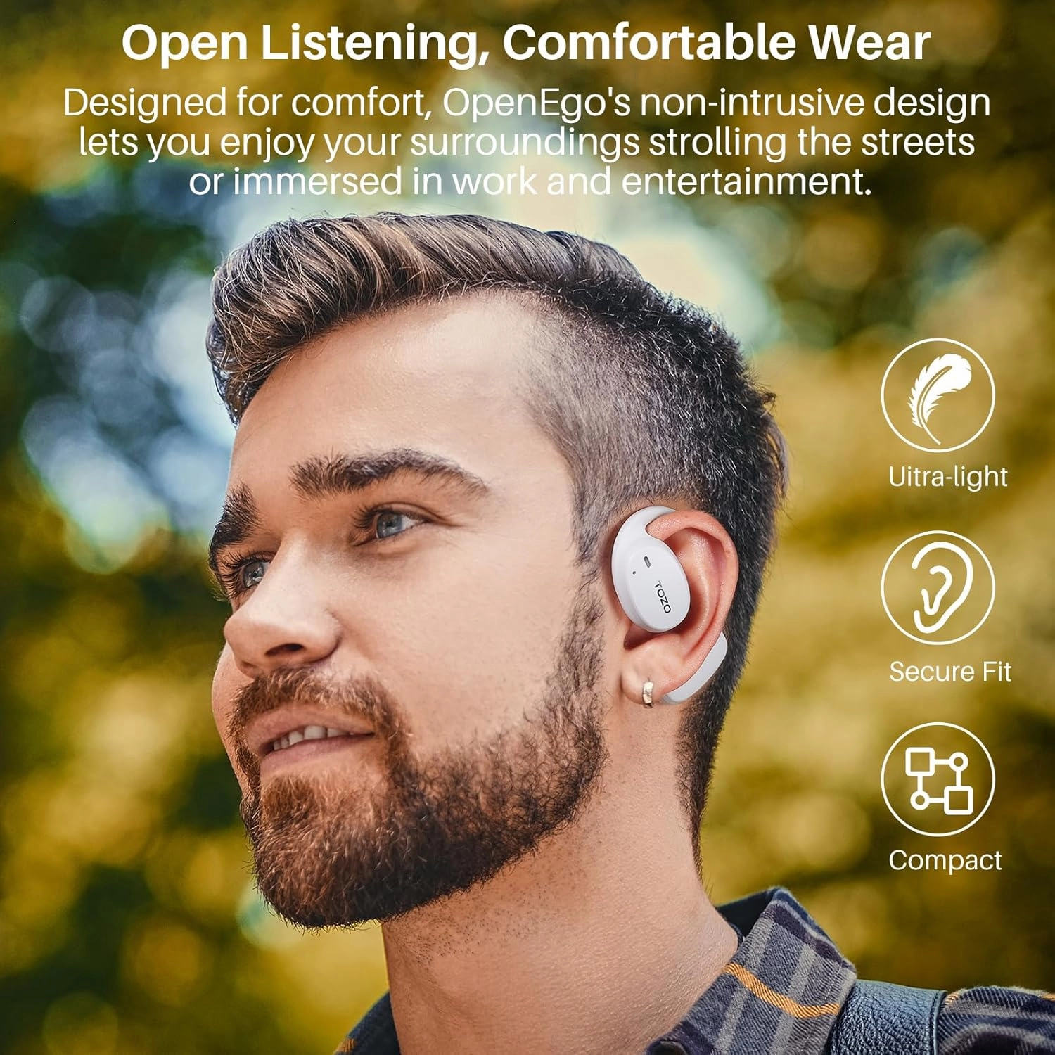 TOZO OpenEgo True Wireless Open Ear Headphone, 5.3 Bluetooth Sport Earbuds with Earhooks for 80H Playback with Digital Display, 32 EQ Modes Dual Mic Clear Call Sweat-Proof for Running, Snow White
