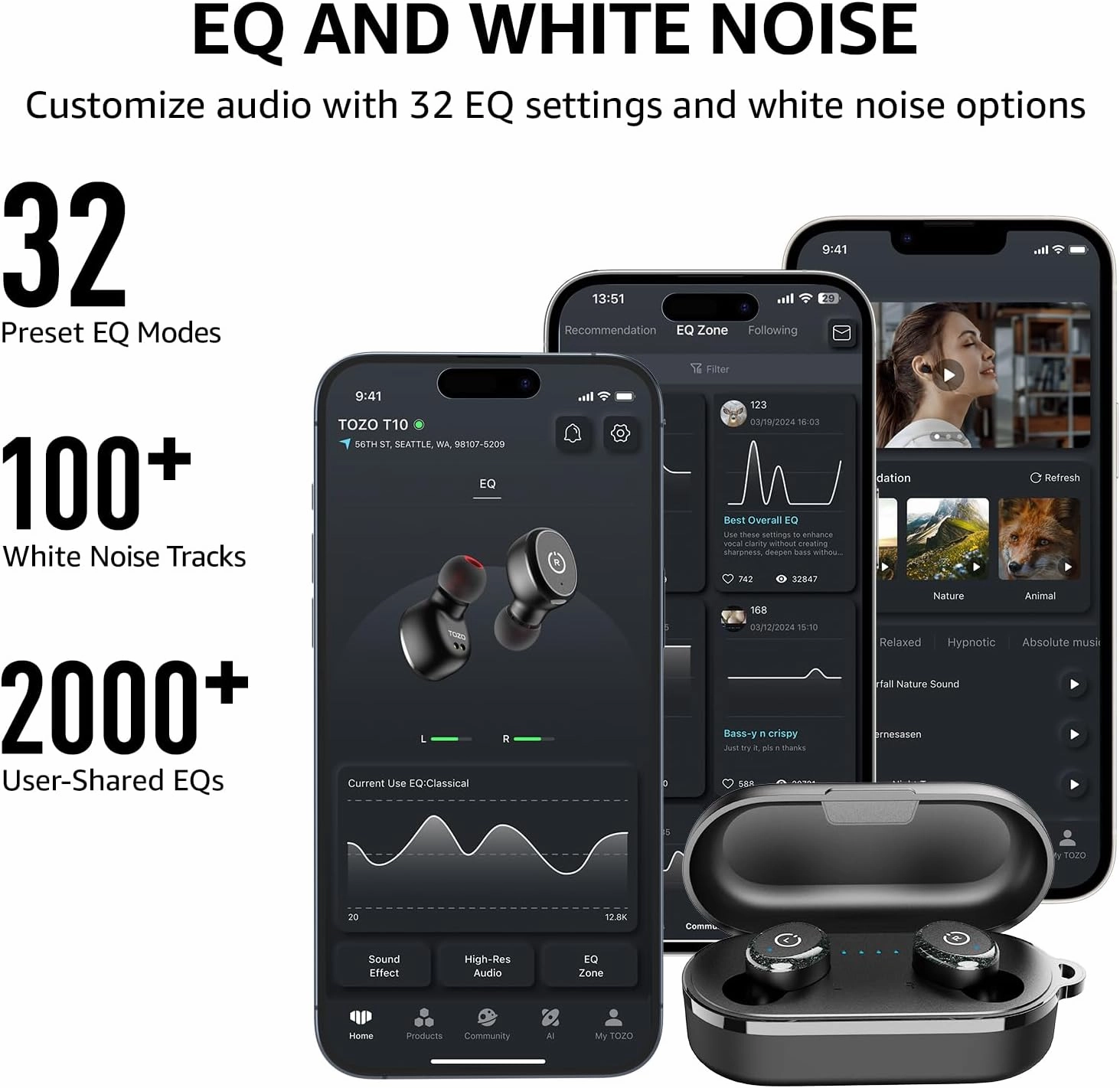 TOZO T10 True Wireless Bluetooth 5.3 Earbuds, 45H Playtime, Wireless Charging Case, IPX8 Waterproof Stereo Headphones in Ear Built in Mic Headset Premium Sound with Deep Bass, 32 Preset EQs via APP
