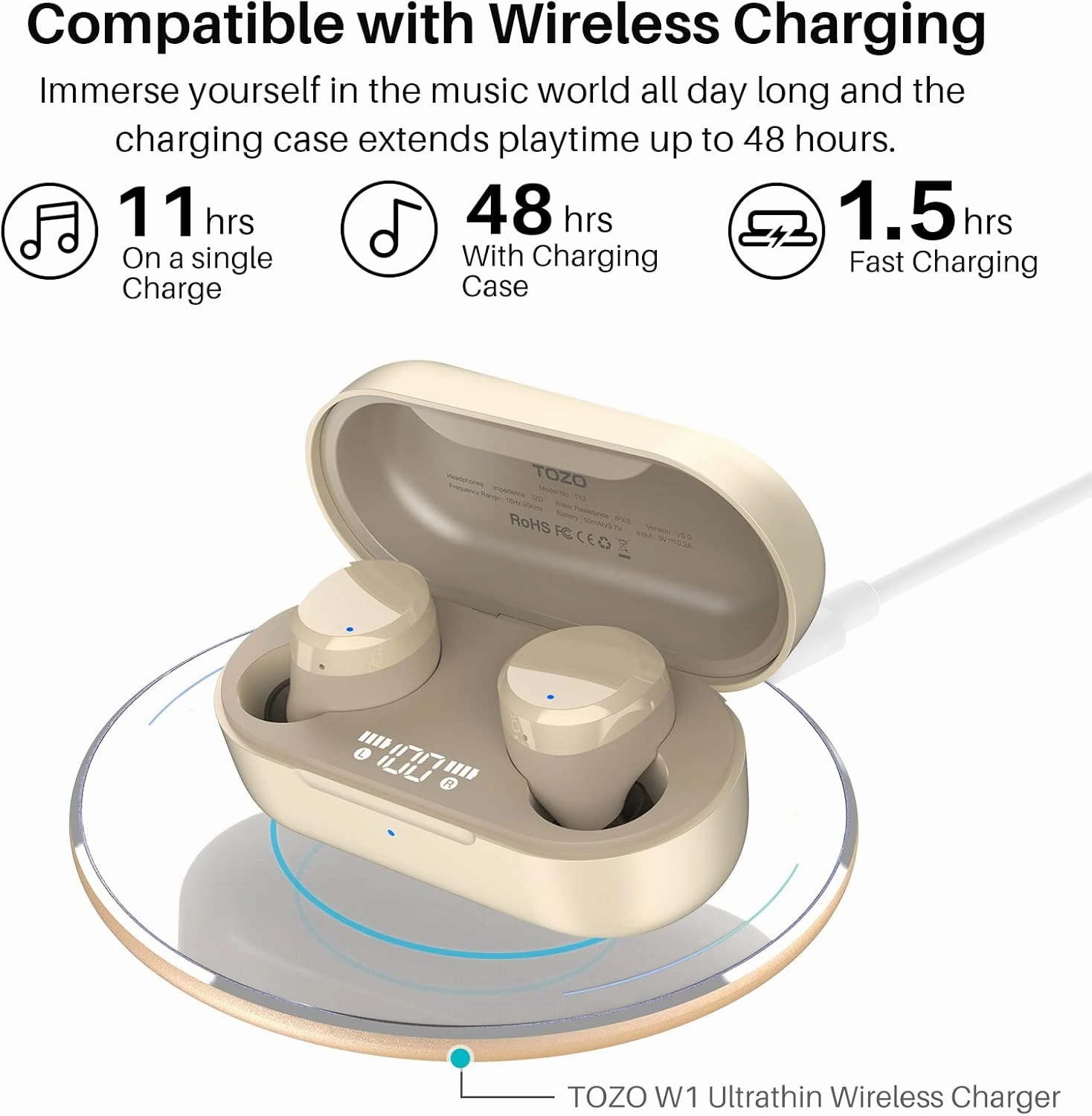 TOZO T12 (Large Ergonomic Edition) Wireless Earbuds Bluetooth 5.3 Headphones Premium Sound Performance Touch Control LED Digital Display Wireless Charging Case Earphones
