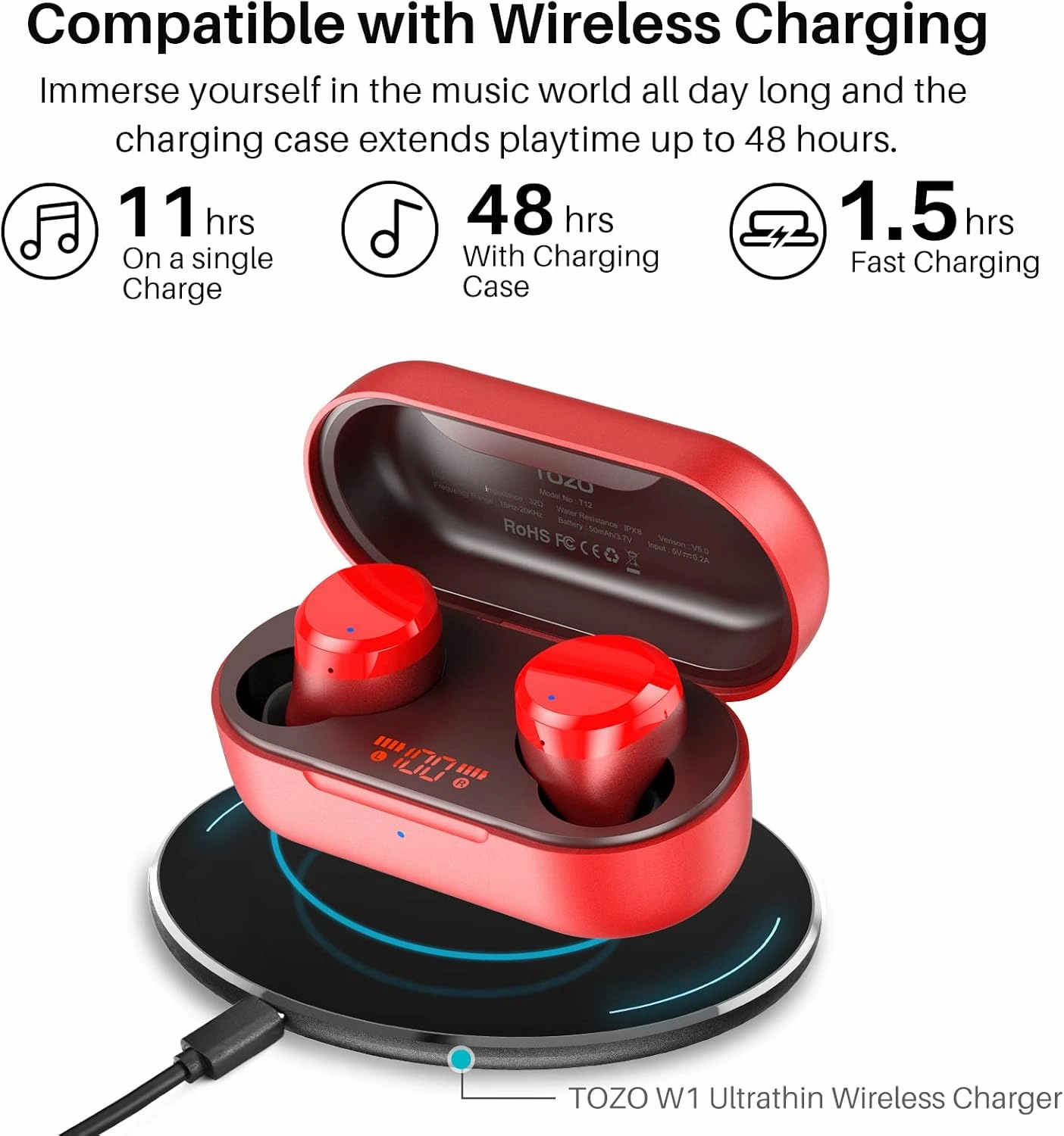 TOZO T12 (Large Ergonomic Edition) Wireless Earbuds Bluetooth 5.3 Headphones Premium Sound Performance Touch Control LED Digital Display Wireless Charging Case Earphones