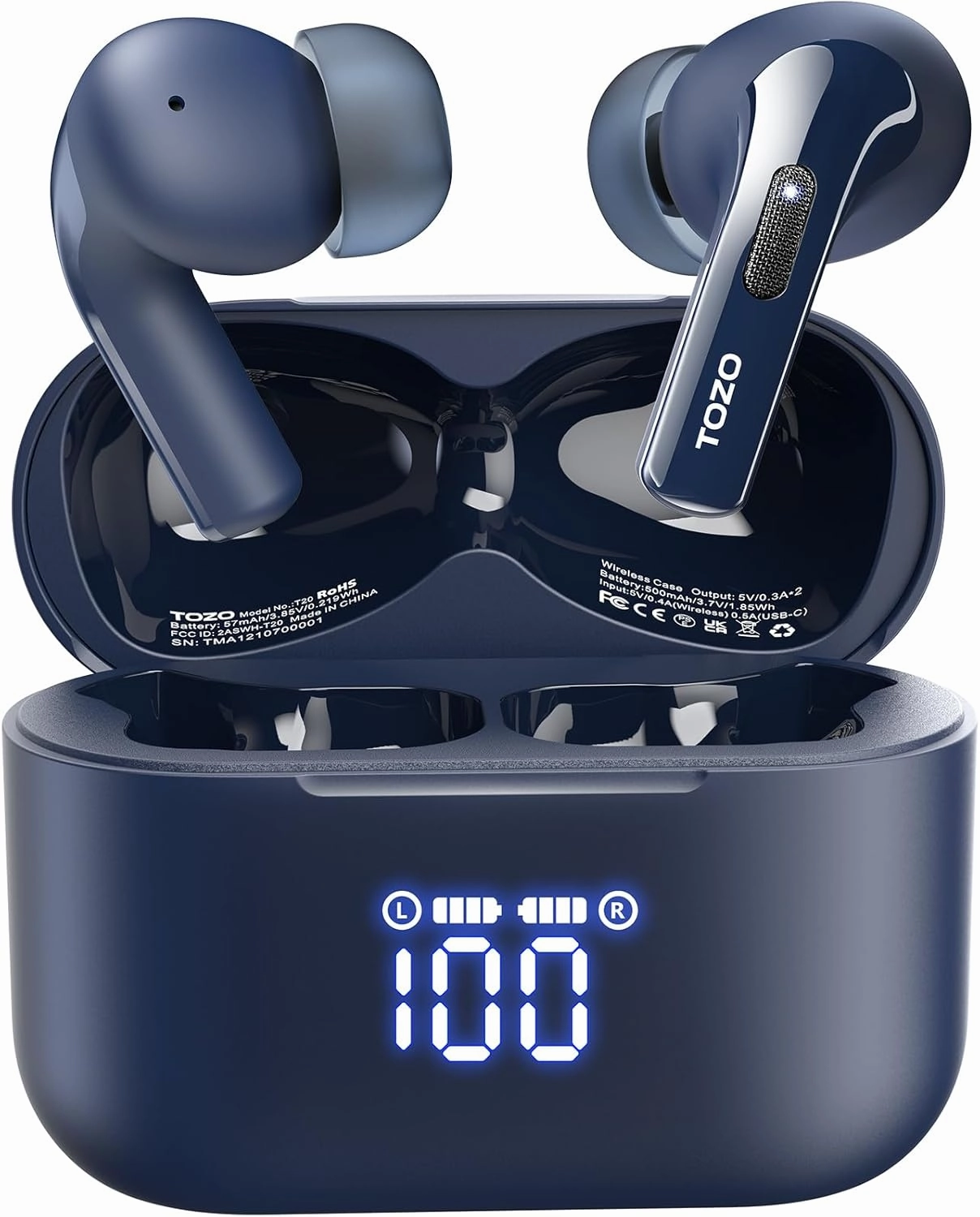 TOZO T20 Wireless Earbuds Bluetooth Headphones 48.5 Hrs Playtime with LED Digital Display, IPX8 Waterproof, Dual Mic Call Noise Cancelling 10mm Broad Range Speakers with Wireless Charging Case Blue wireless earbuds,Bluetooth earphones,true wireless stereo,