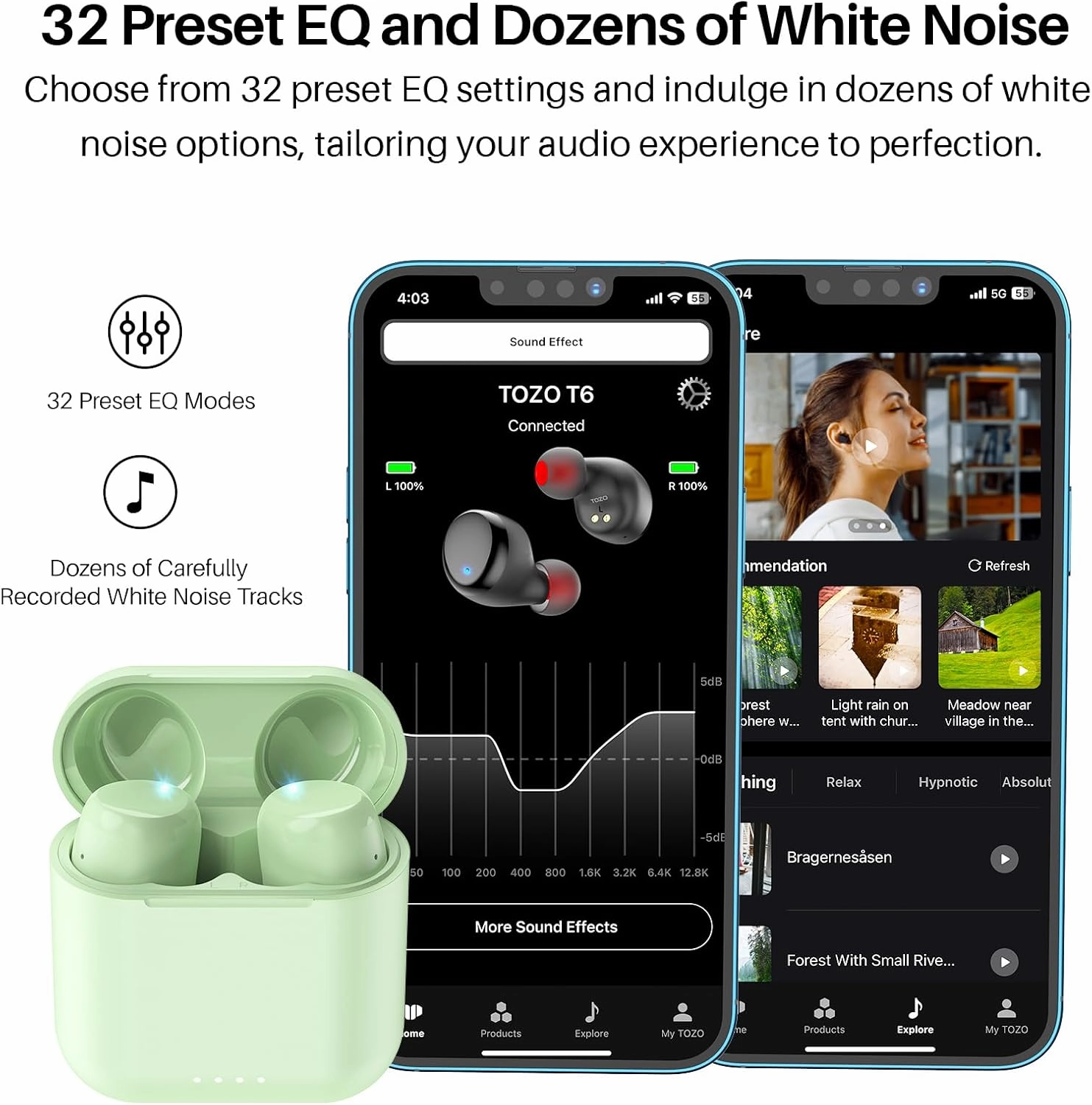 TOZO T6 True Wireless Earbuds Bluetooth 5.3 Headphones 50H Long Playtime, Wireless Charging Case, IPX8 Waterproof Stereo Earphones, Built-in Mic Calls, Headset Premium Deep Bass 32 Preset EQs via APP