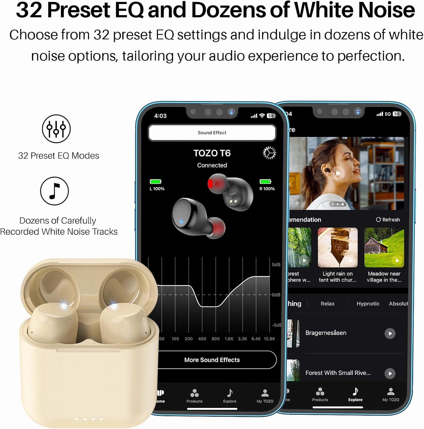 TOZO T6 True Wireless Earbuds Bluetooth 5.3 Headphones 50H Long Playtime, Wireless Charging Case, IPX8 Waterproof Stereo Earphones, Built-in Mic Calls, Headset Premium Deep Bass 32 Preset EQs via APP