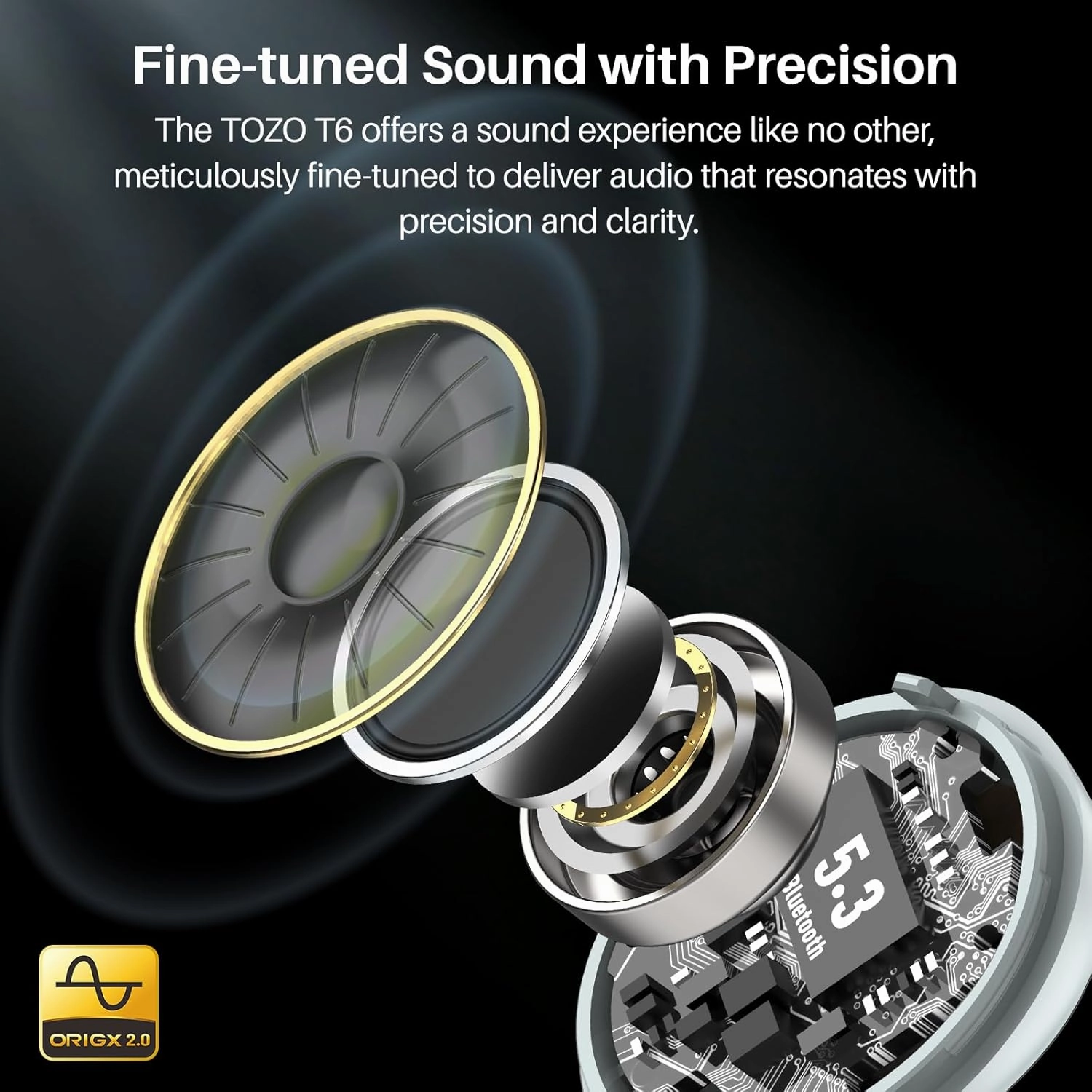 TOZO T6 True Wireless Earbuds Bluetooth 5.3 Headphones 50H Long Playtime, Wireless Charging Case, IPX8 Waterproof Stereo Earphones, Built-in Mic Calls, Headset Premium Deep Bass 32 Preset EQs via APP