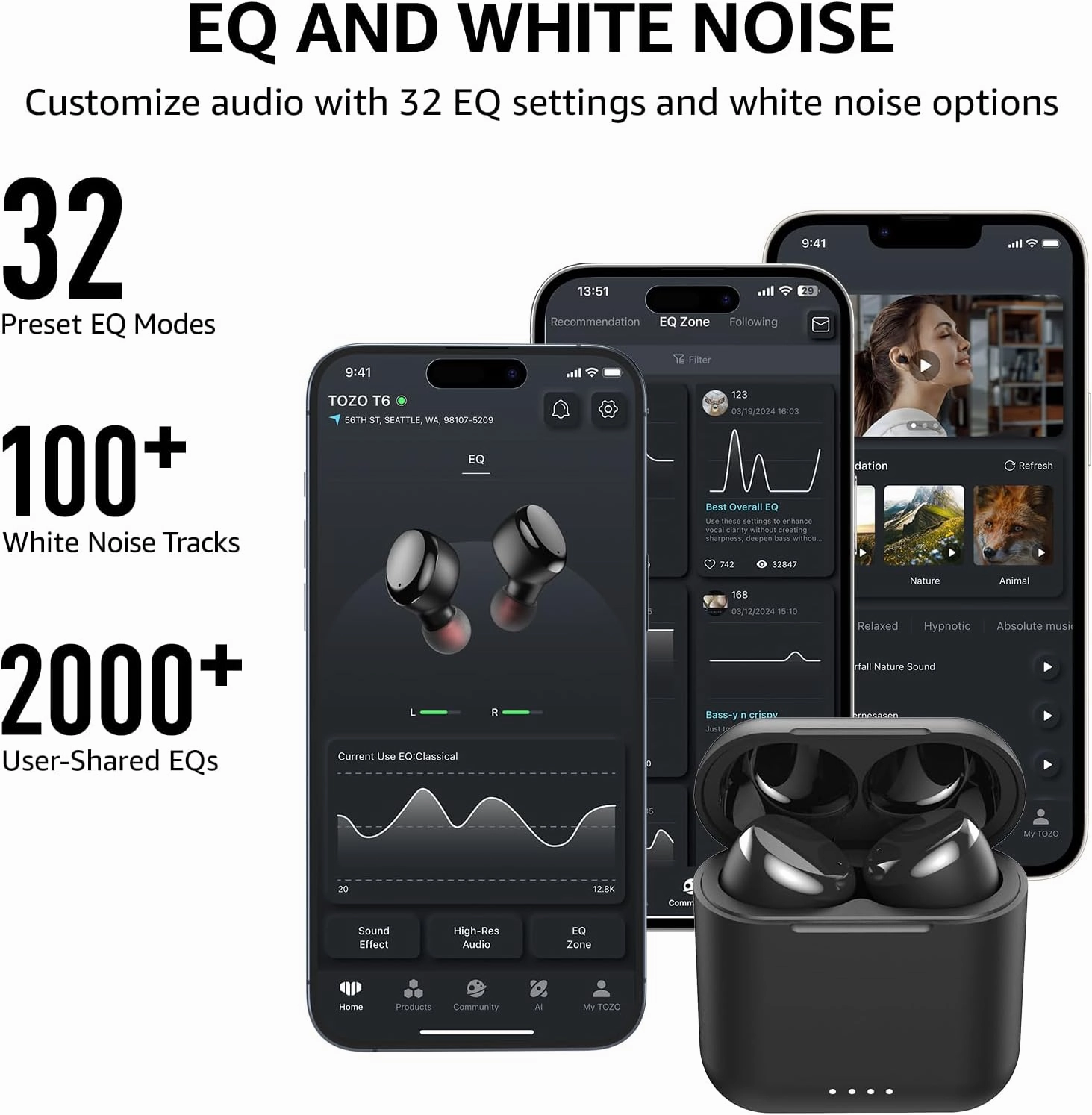 TOZO T6 True Wireless Earbuds Bluetooth 5.3 Headphones 50H Long Playtime, Wireless Charging Case, IPX8 Waterproof Stereo Earphones, Built-in Mic Calls, Headset Premium Deep Bass 32 Preset EQs via APP