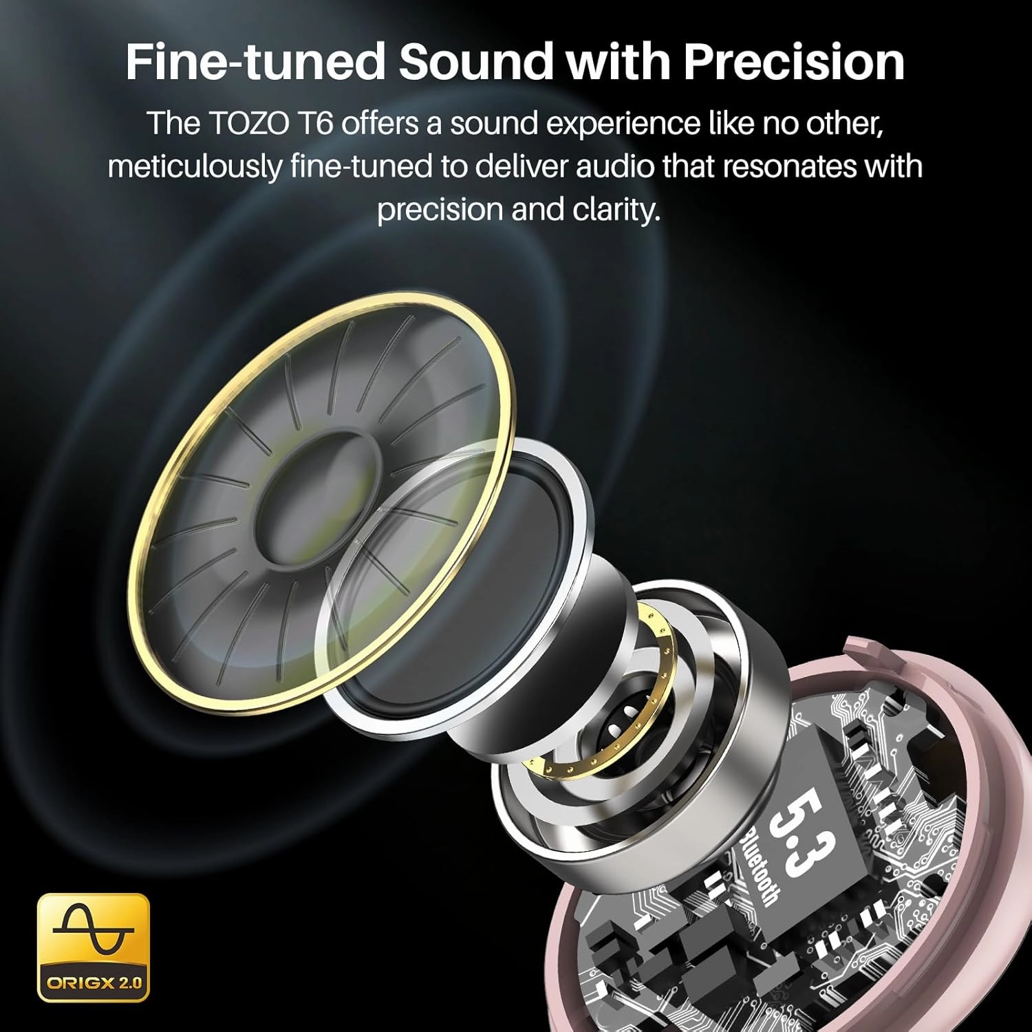 TOZO T6 True Wireless Earbuds Bluetooth 5.3 Headphones 50H Long Playtime, Wireless Charging Case, IPX8 Waterproof Stereo Earphones, Built-in Mic Calls, Headset Premium Deep Bass 32 Preset EQs via APP