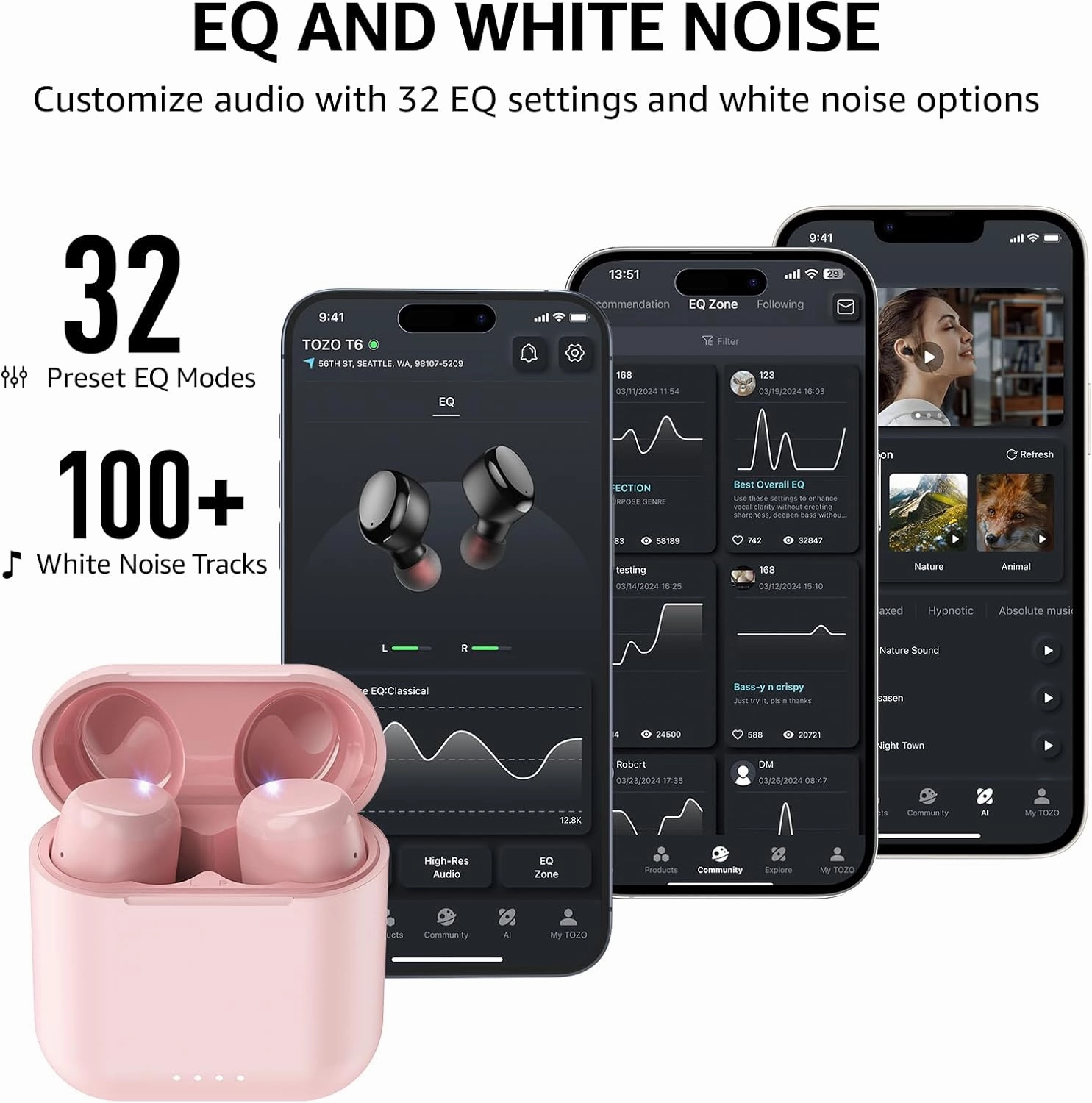 TOZO T6 True Wireless Earbuds Bluetooth 5.3 Headphones 50H Long Playtime, Wireless Charging Case, IPX8 Waterproof Stereo Earphones, Built-in Mic Calls, Headset Premium Deep Bass 32 Preset EQs via APP