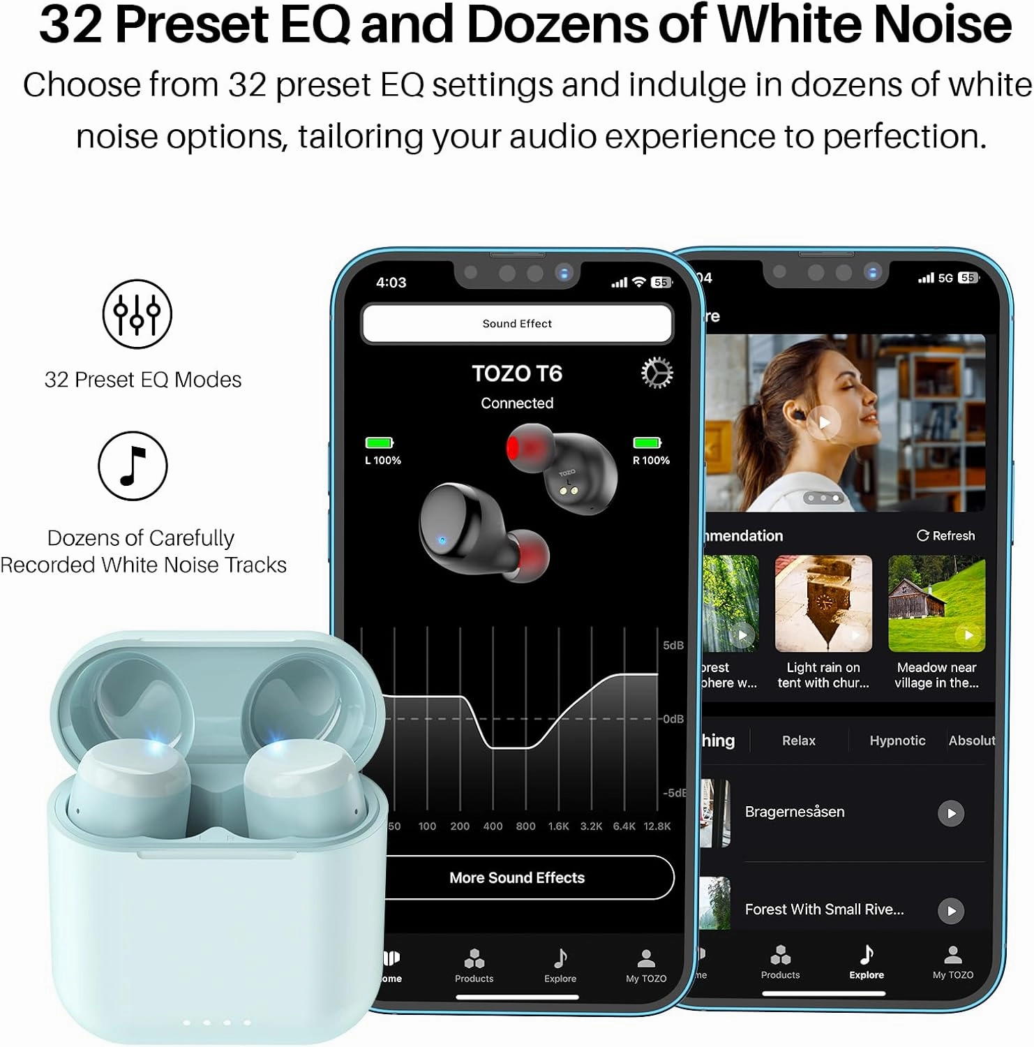TOZO T6 True Wireless Earbuds Bluetooth 5.3 Headphones 50H Long Playtime, Wireless Charging Case, IPX8 Waterproof Stereo Earphones, Built-in Mic Calls, Headset Premium Deep Bass 32 Preset EQs via APP