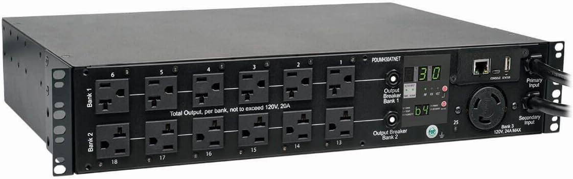 Tripp Lite 2.9kW Single-Phase ATS / Switched PDU, LX Platform Interface, 120V Outlets (24 5-15/20R, 1 L5-30R) 2 L5-30P, 2 10ft Cords, 2U Rack-Mount, TAA (PDUMH30ATNET),Black rackmount gear,audio rack equipment,studio rackmounts,