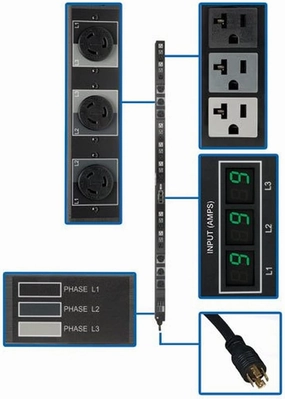 Tripp Lite 5700W 3-Phase Metered PDU, 27 Outlets (21 5-15/20R, 6 L6-20R), 208/120V, 16A, 6 Feet / 1.83 Meter L21-20P Power Input Cord, 0U Vertical Rack Mount, 2-Year Warranty (PDU3MV6L2120B) rackmount gear,audio rack equipment,studio rackmounts,
