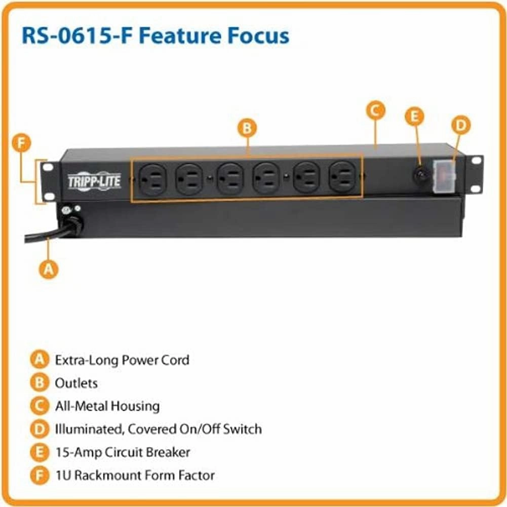 Tripp Lite 6 Outlet Rackmount Network-Grade PDU Power Strip, Front-Facing, 1U, 15A, 15ft Cord with 5-15P Plug (RS-0615-F)